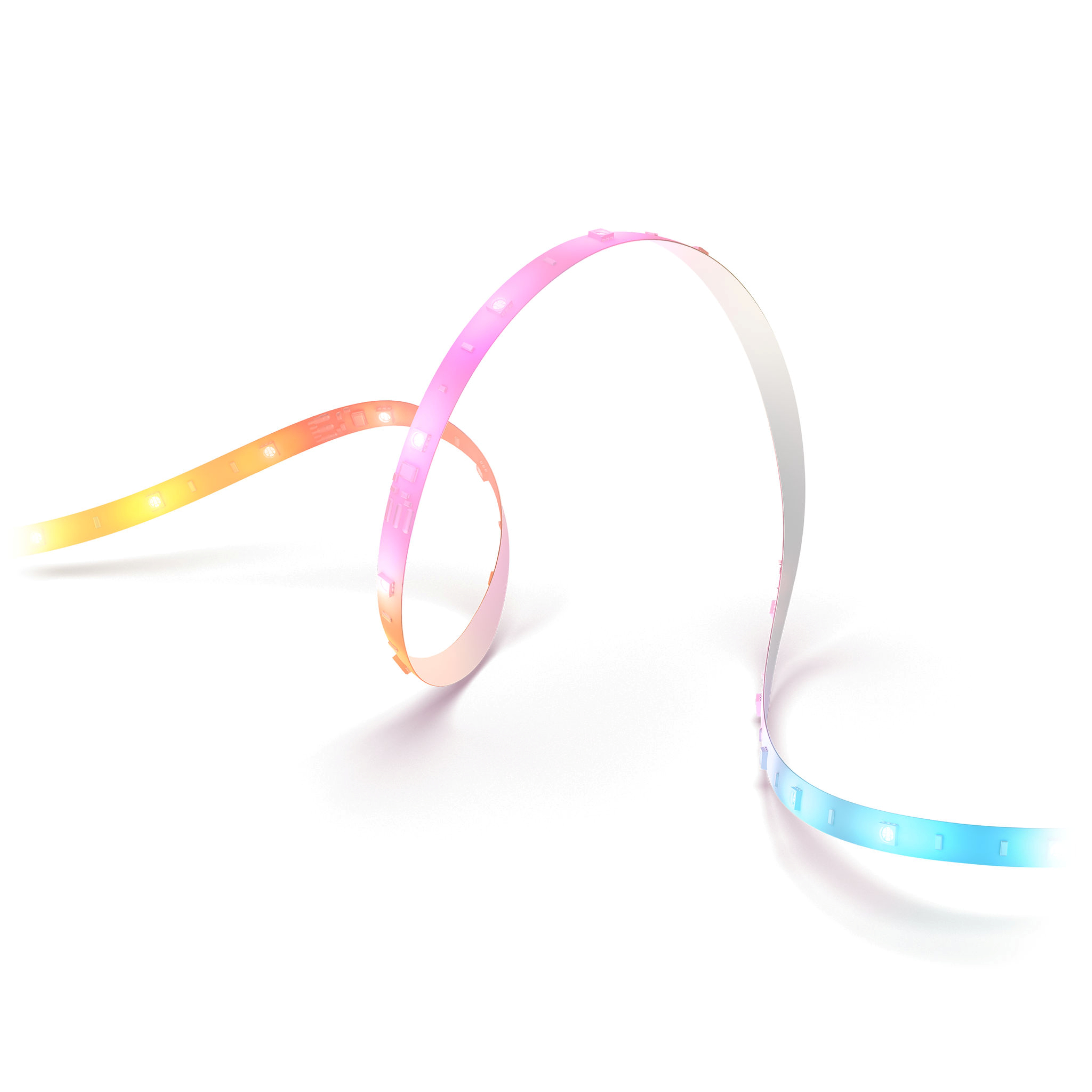 Striscia luminosa a LED flessibile che brilla con sfumature di giallo, rosa e blu su sfondo bianco.