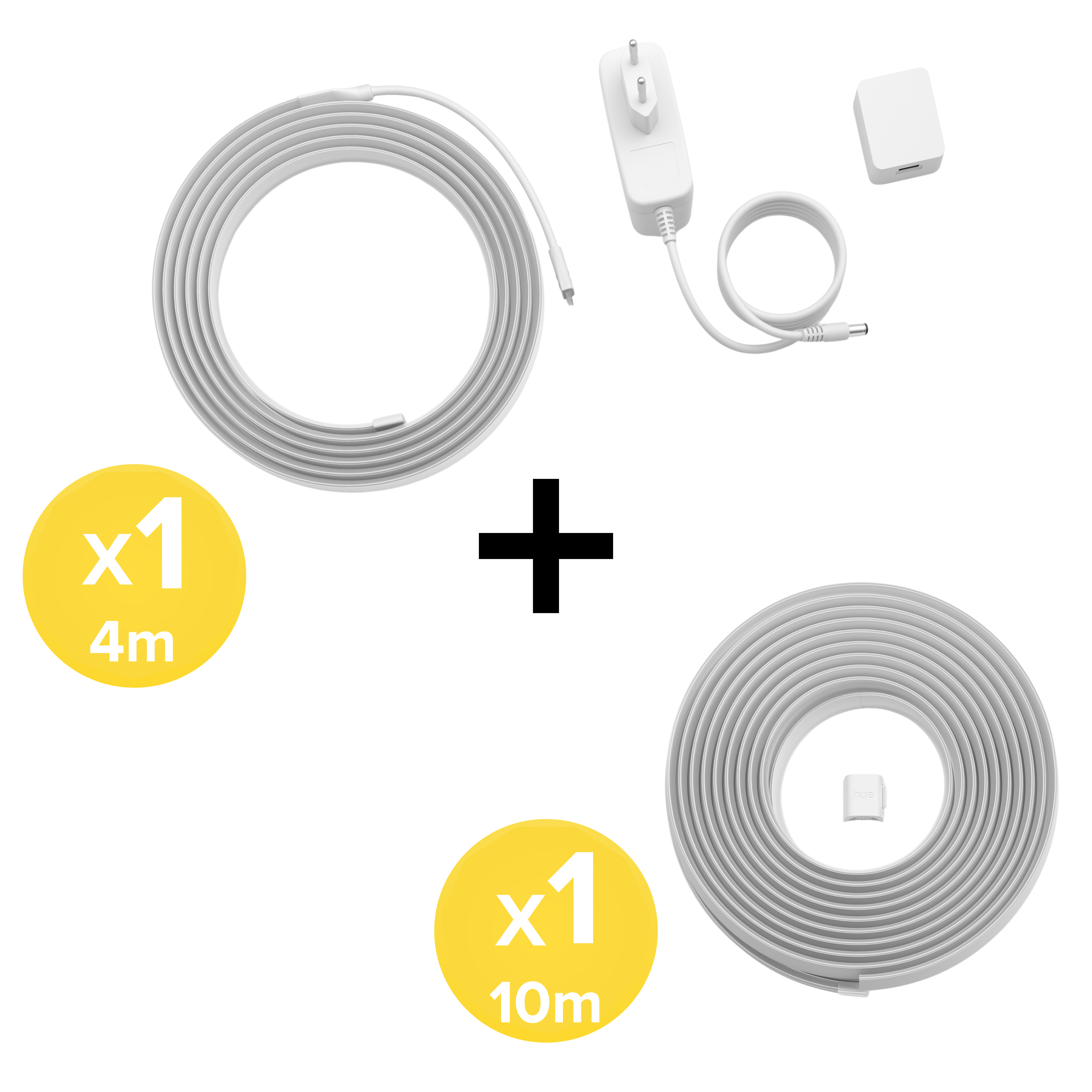 Un cavo bianco da 4m e uno da 10m con alimentatore, spina e un segno più.