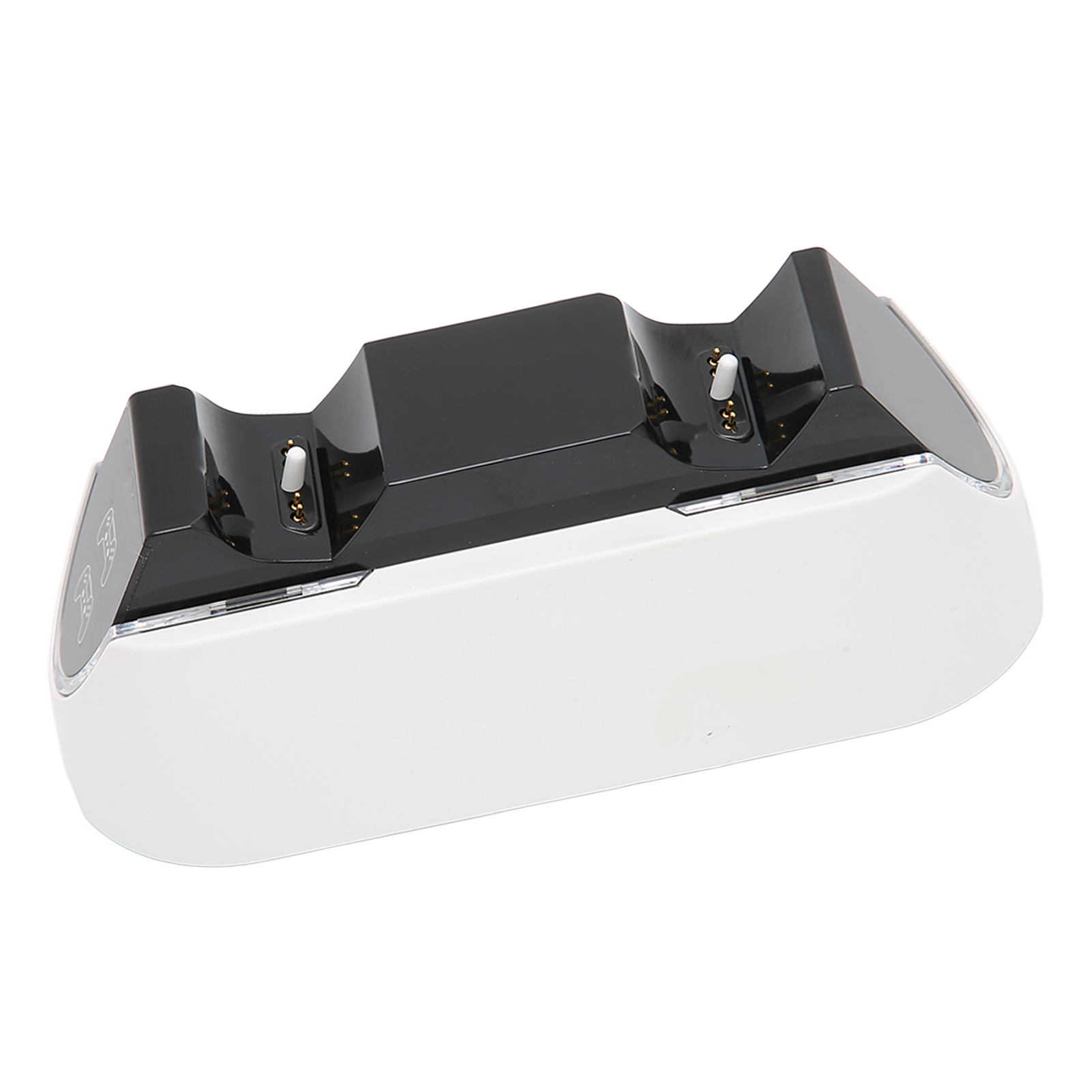 Eine weiß-schwarze Doppel-Ladestation für Controller auf weißem Hintergrund.
