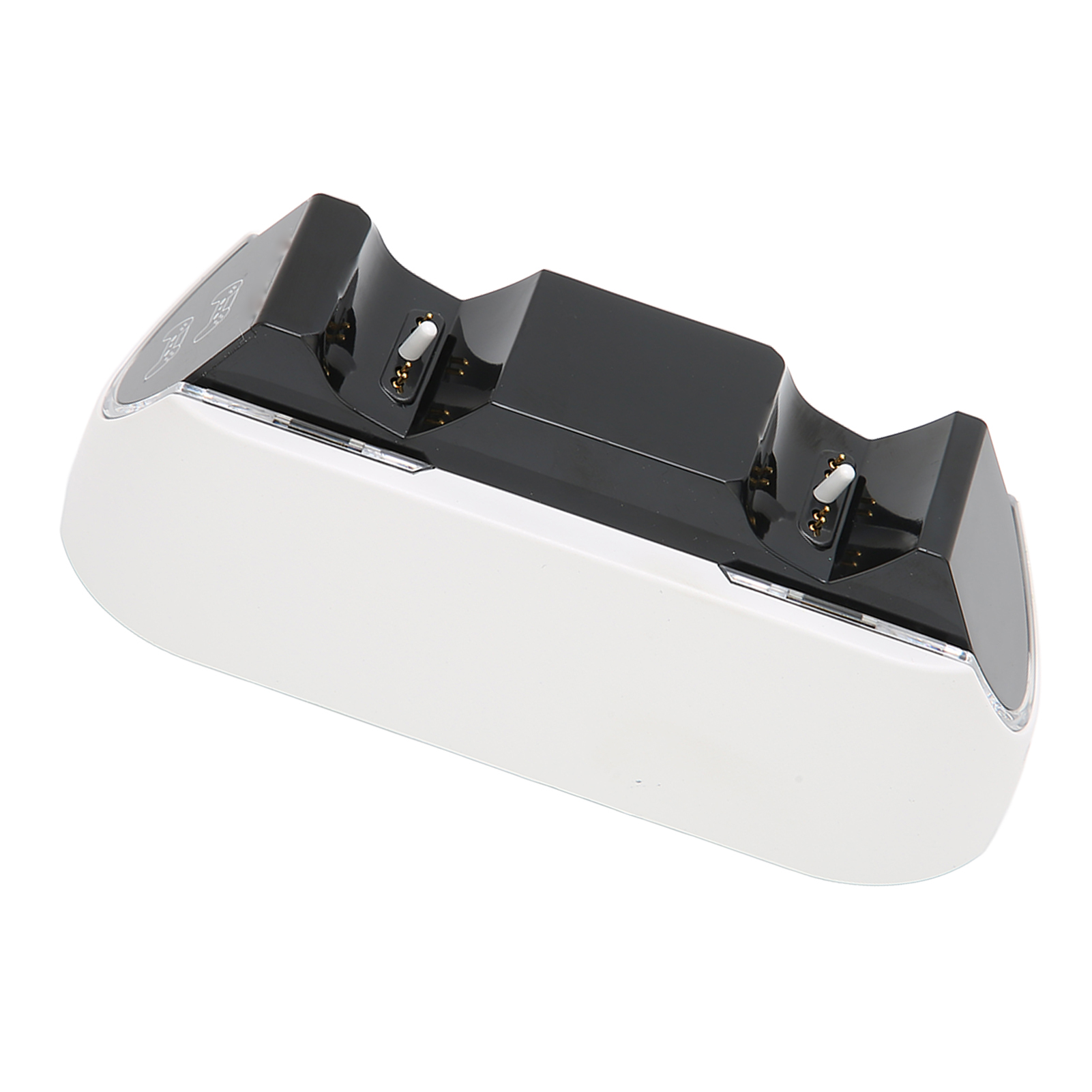 Eine schwarze und weiße Ladestation für zwei Controller auf weißem Hintergrund.