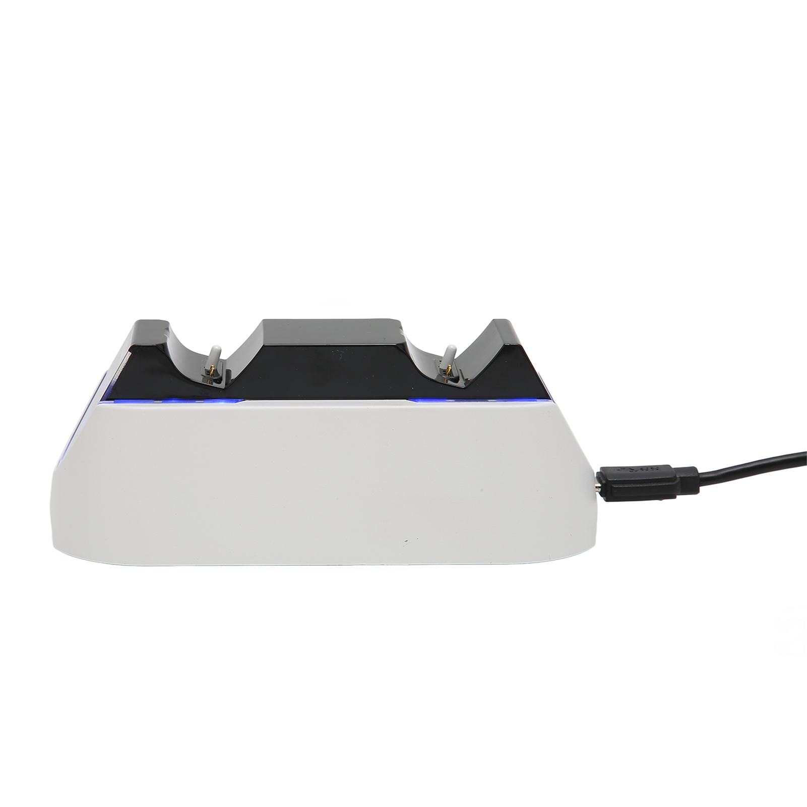 Eine weiße und schwarze Controller-Ladestation mit blauen Lichtern und angeschlossenem USB-Kabel.