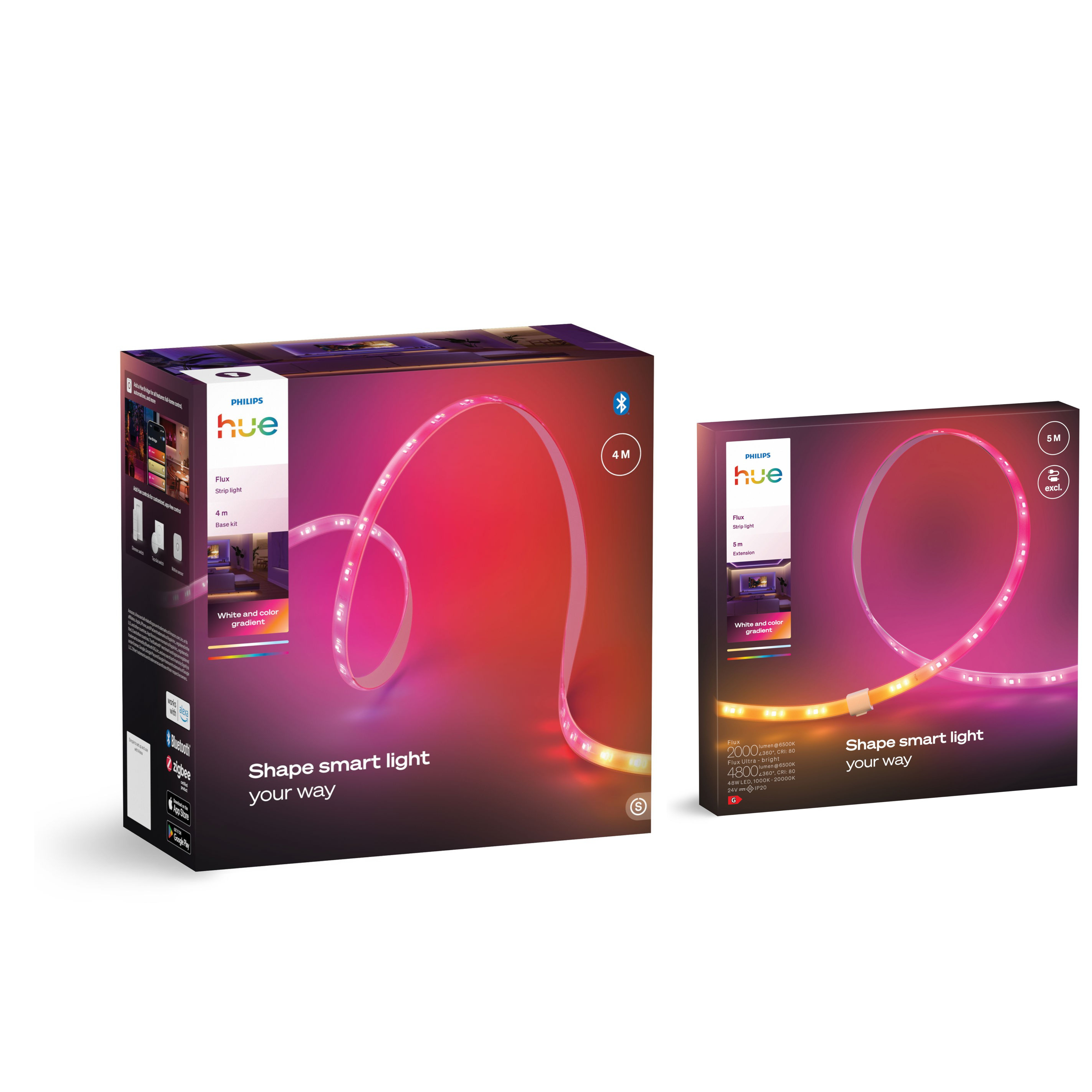 Due scatole di strisce LED Philips Hue con strisce luminose curve e colorate su sfondo rosso e nero.