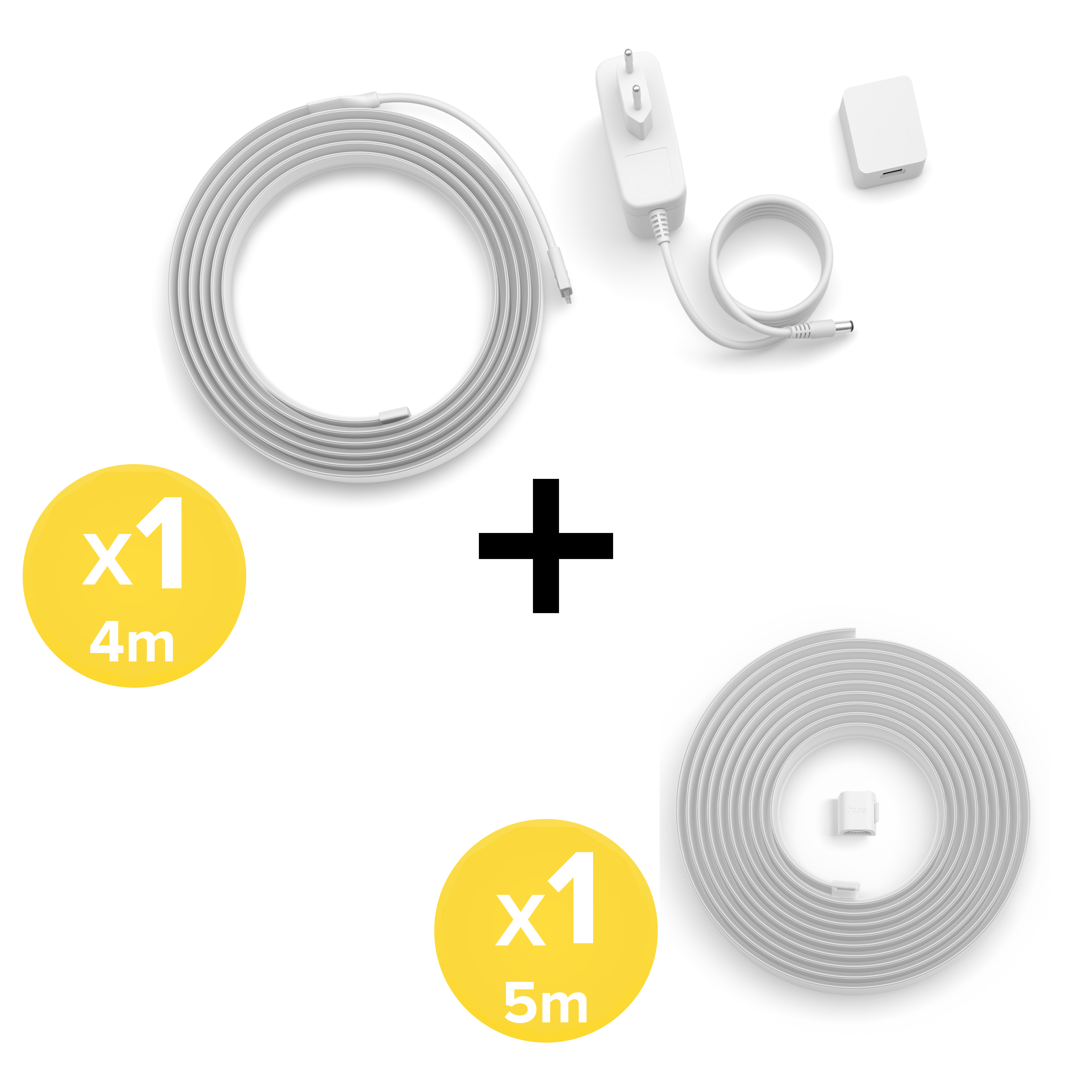 Striscia LED da 4m, prolunga da 5m, alimentatore e controller su sfondo bianco.