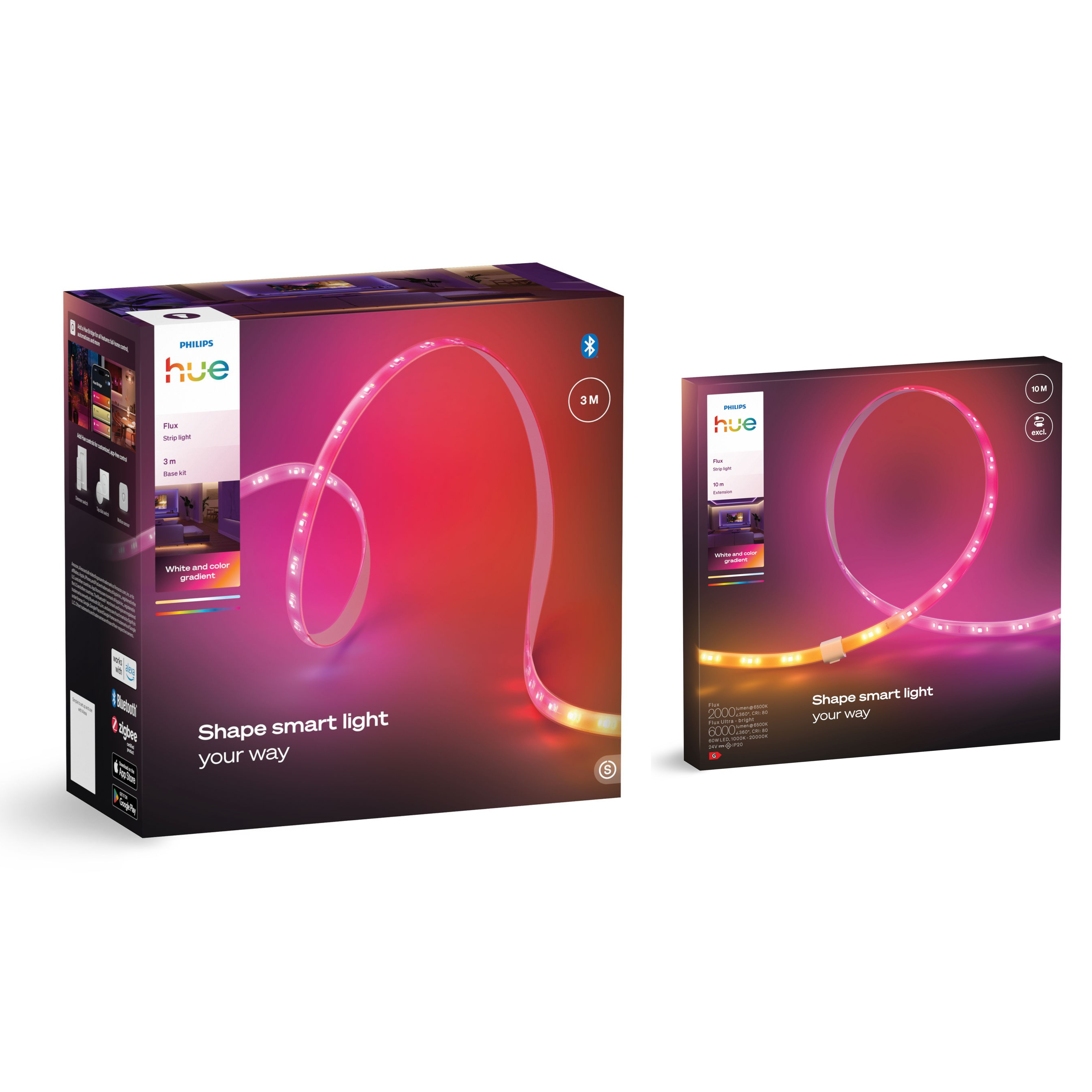 Confezioni di strisce LED intelligenti Philips Hue con luci colorate.