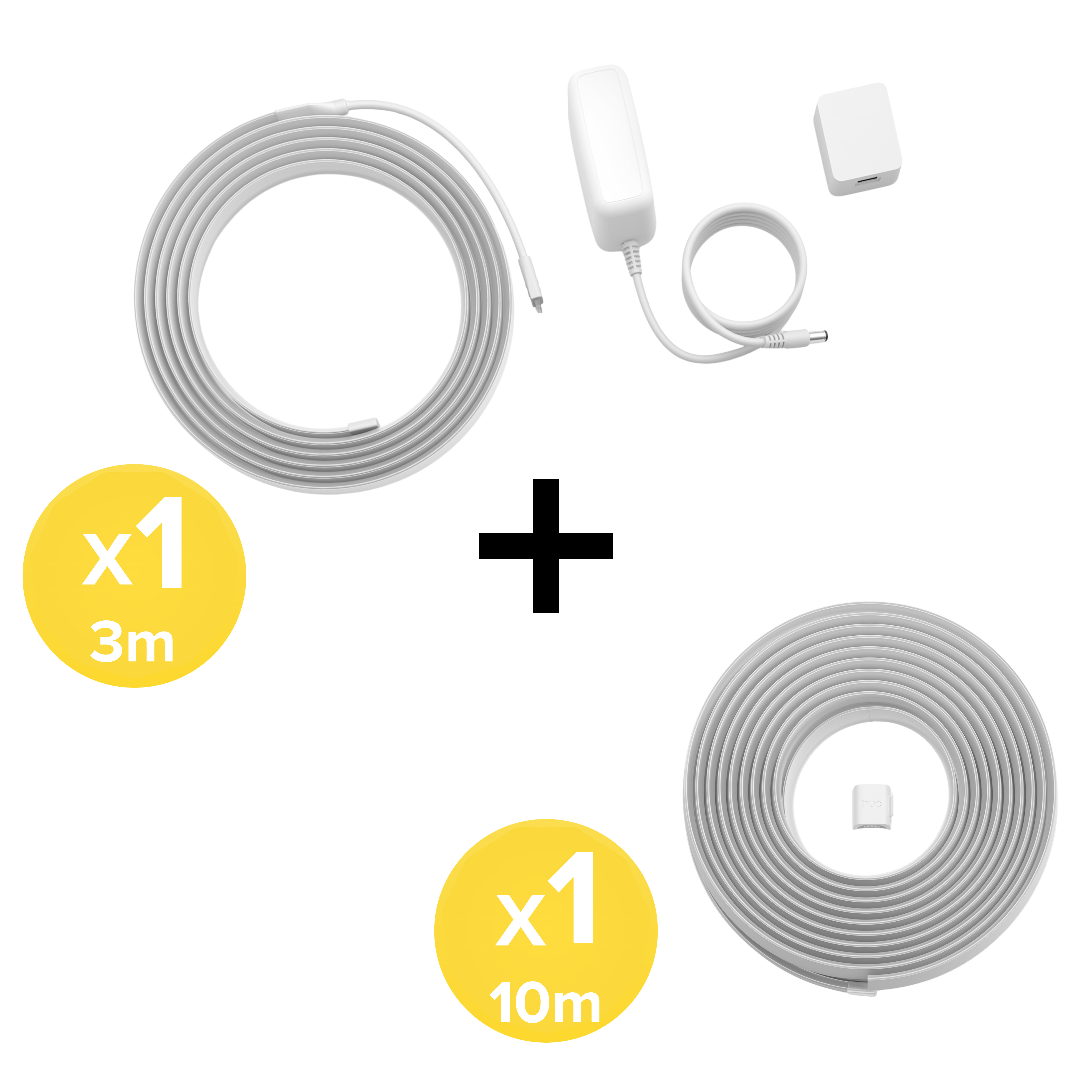 Cavi per strisce LED bianchi da 3m e 10m, alimentatore e connettore su sfondo bianco con segno più.