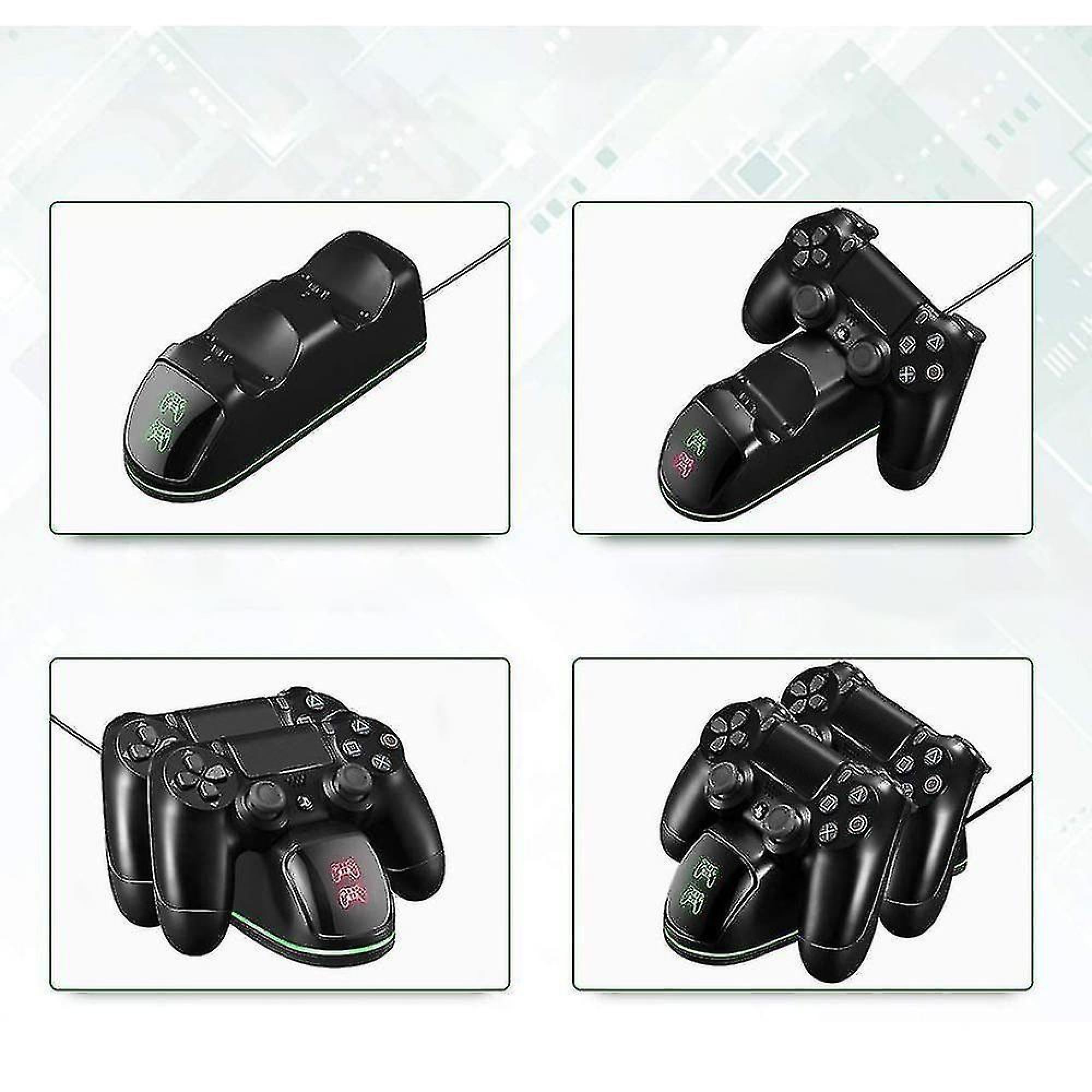 Vier Bilder zeigen eine schwarze PlayStation-Ladestation mit und ohne Controller auf weißem Hintergrund.
