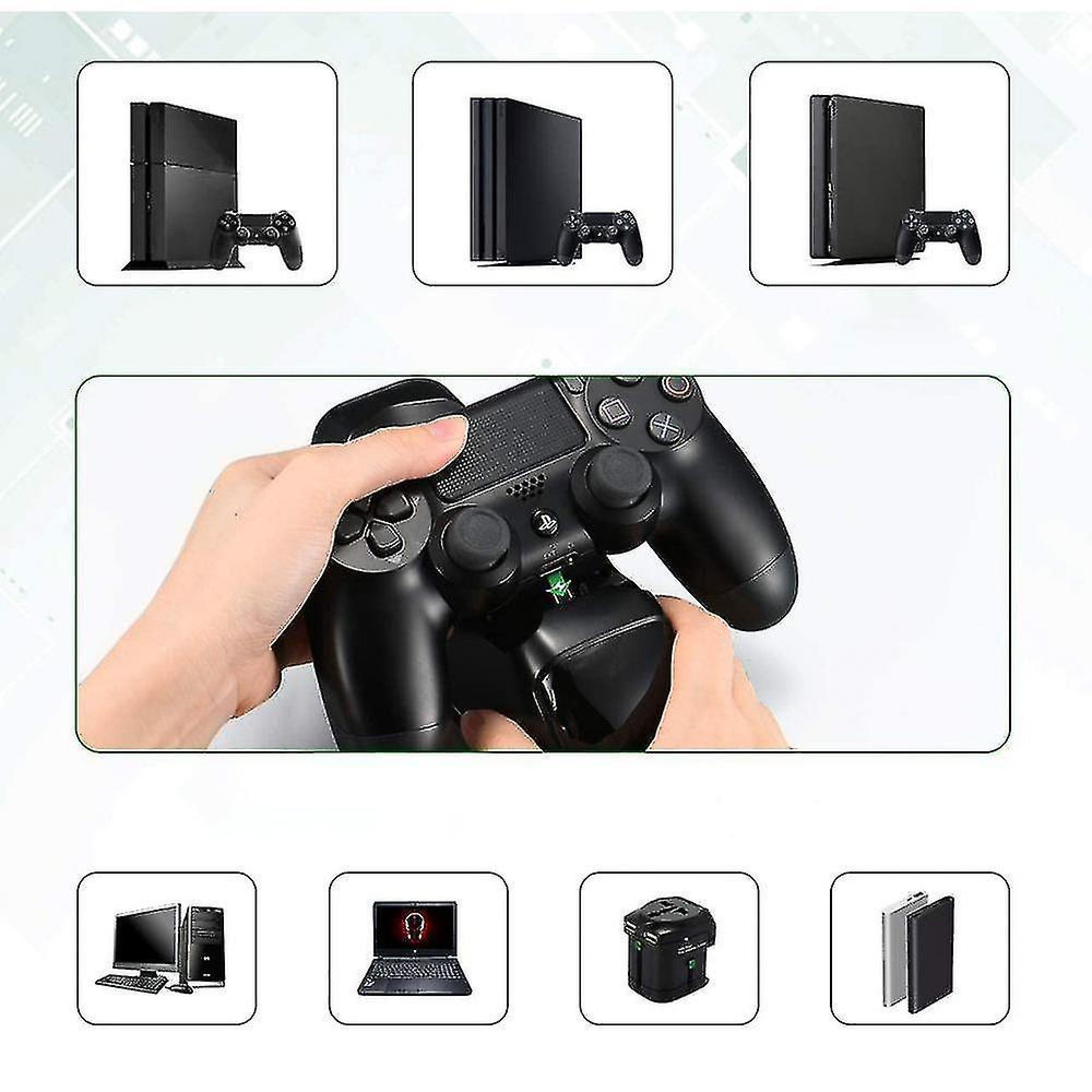 Hände halten einen schwarzen PlayStation-Controller, umgeben von kleineren Bildern mit Konsolen und Zubehör.