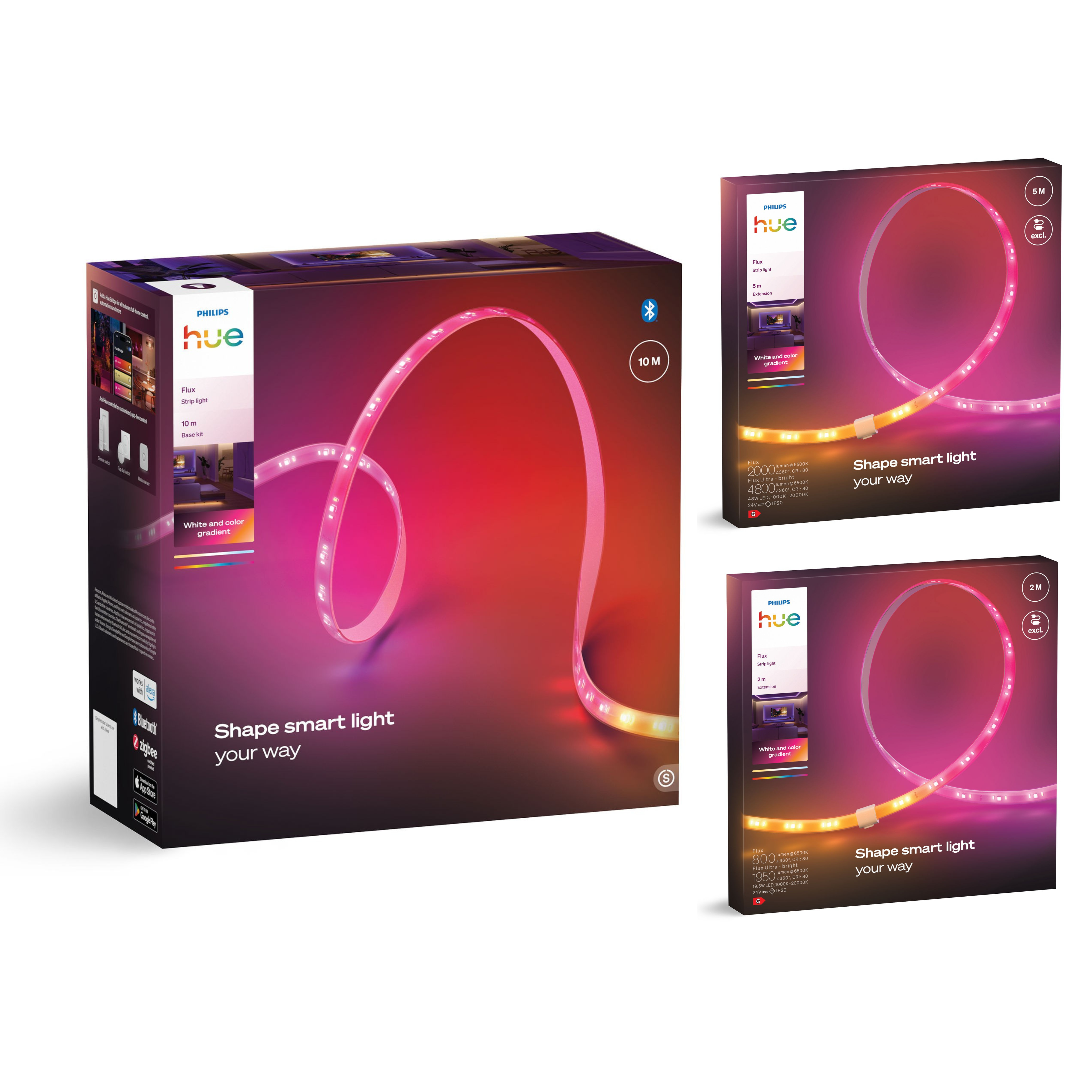 Tre scatole di prodotti con strisce LED Philips Hue su sfondo bianco.
