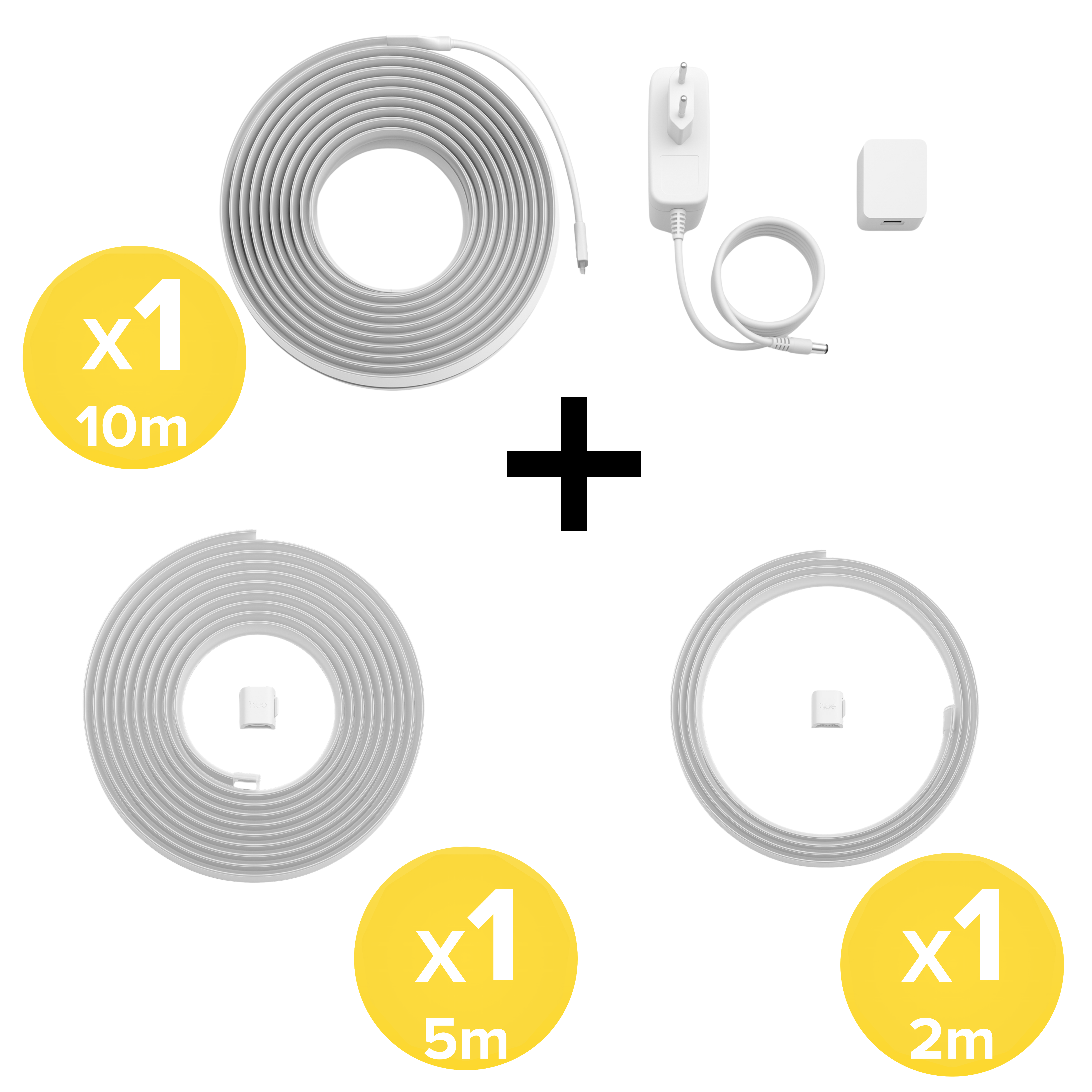 Rotoli di strisce LED bianche da 10m, 5m e 2m con alimentatore e accessori.