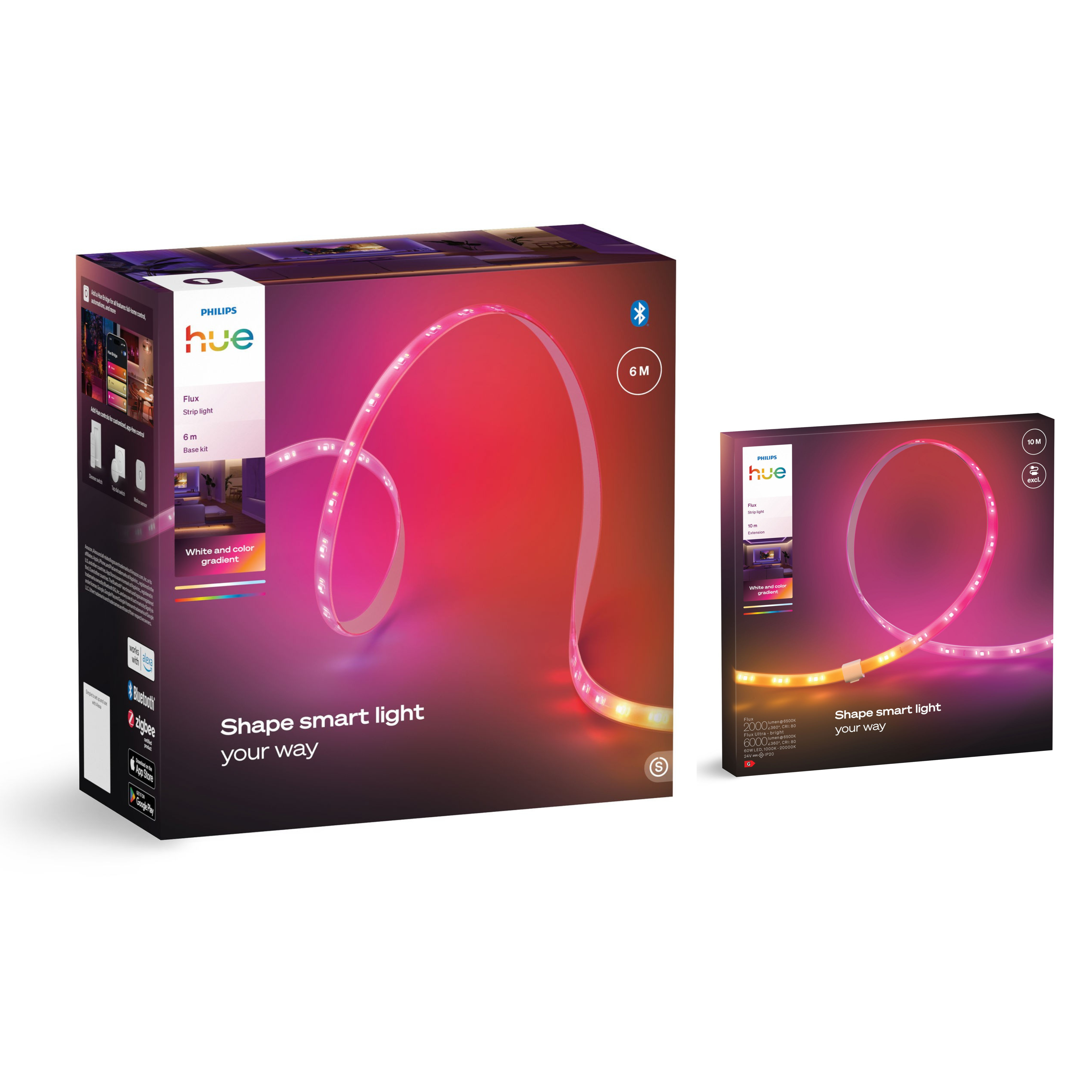 Due scatole di strisce LED smart Philips Hue con luci colorate su sfondo grigio.