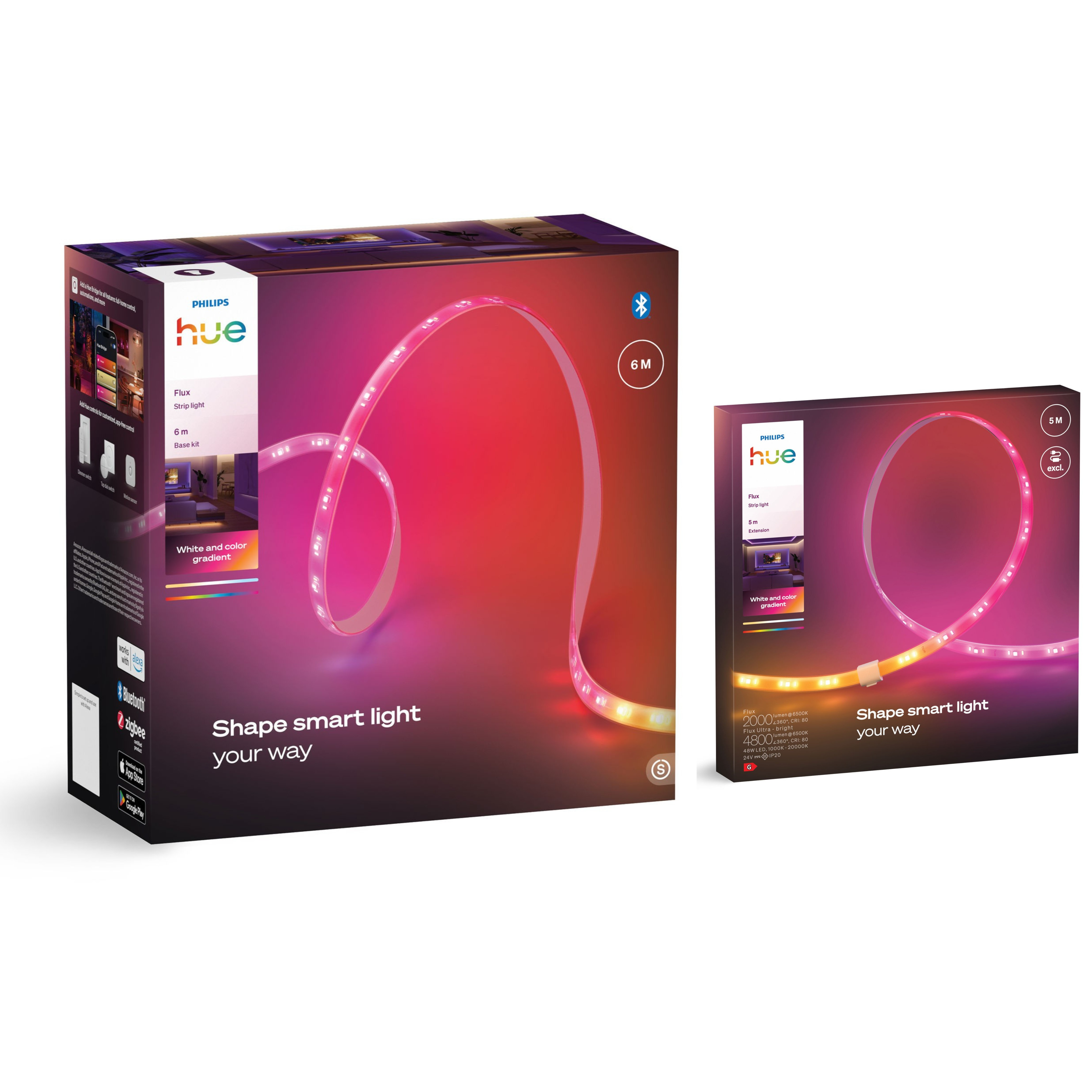 Due scatole di strisce LED Philips Hue mostrano strisce luminose curve e colorate in rosa e giallo.
