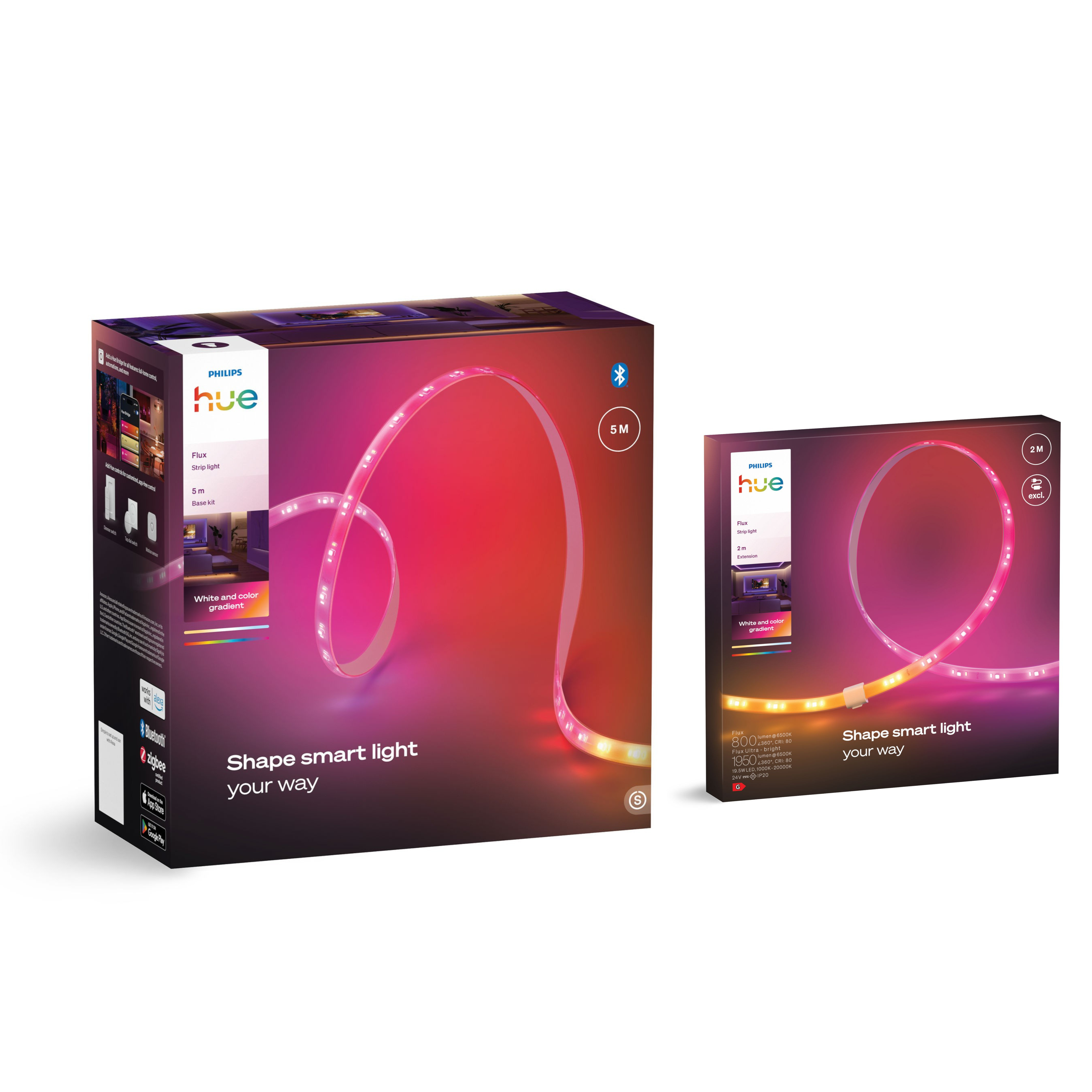 Scatole di strisce LED Philips Hue e prolunga con illuminazione colorata.