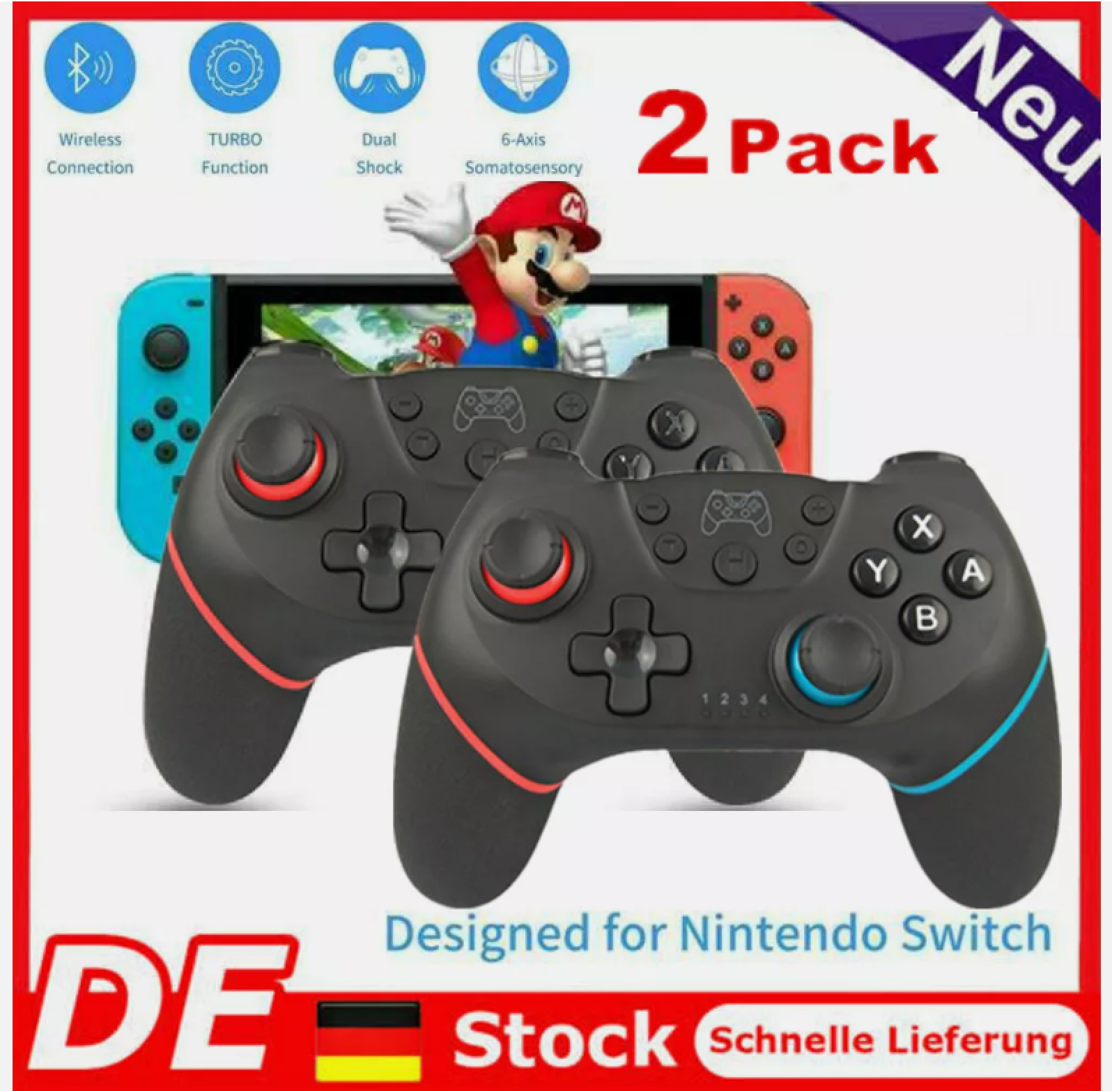 Zwei schwarze Wireless-Controller für die Nintendo Switch, mit roten und blauen Details sowie Features wie Turbo und Dual Shock.