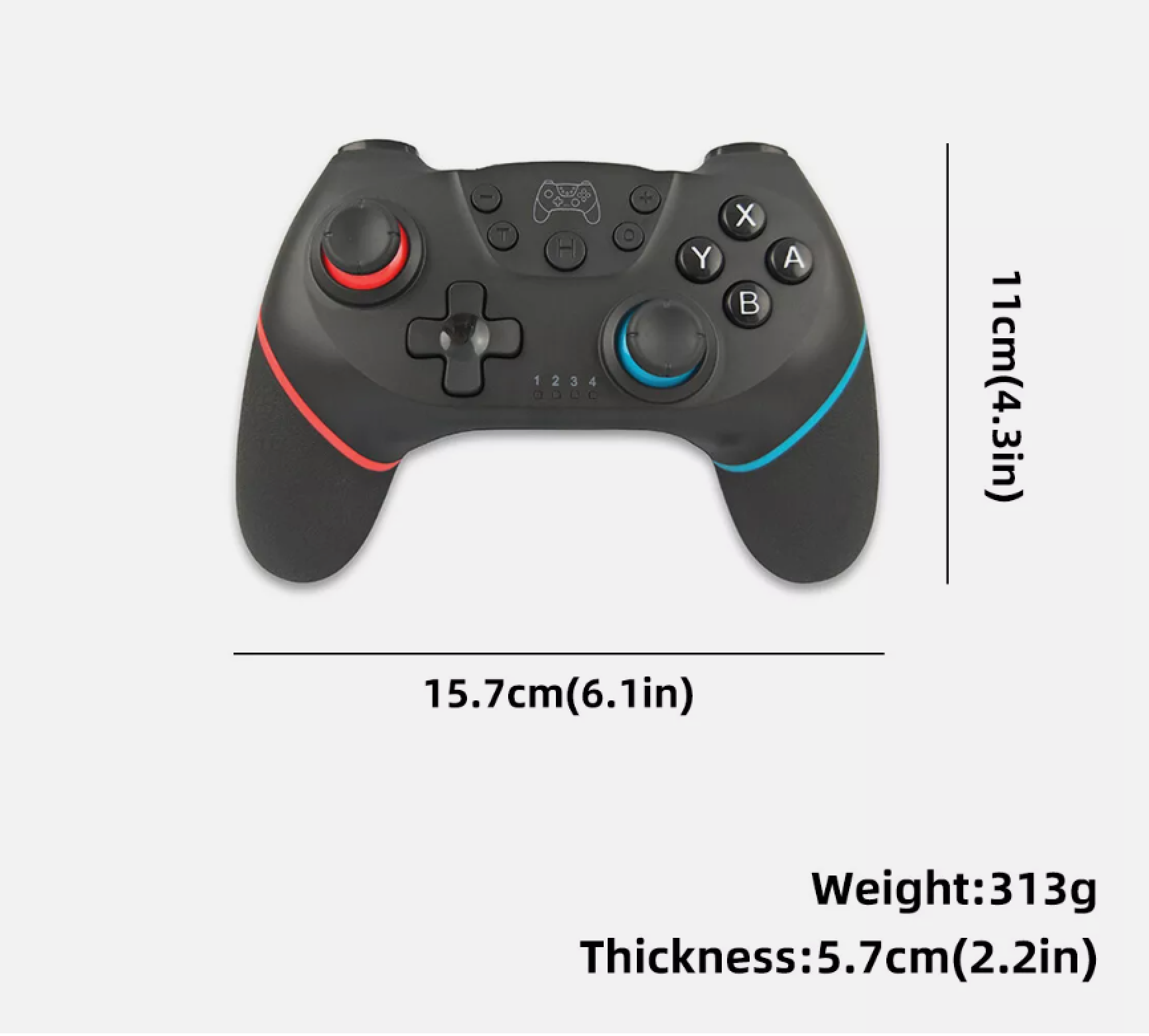 Schwarzer Gamecontroller mit roten und blauen Akzenten, Maße: 15,7x11 cm, Gewicht: 313 g.