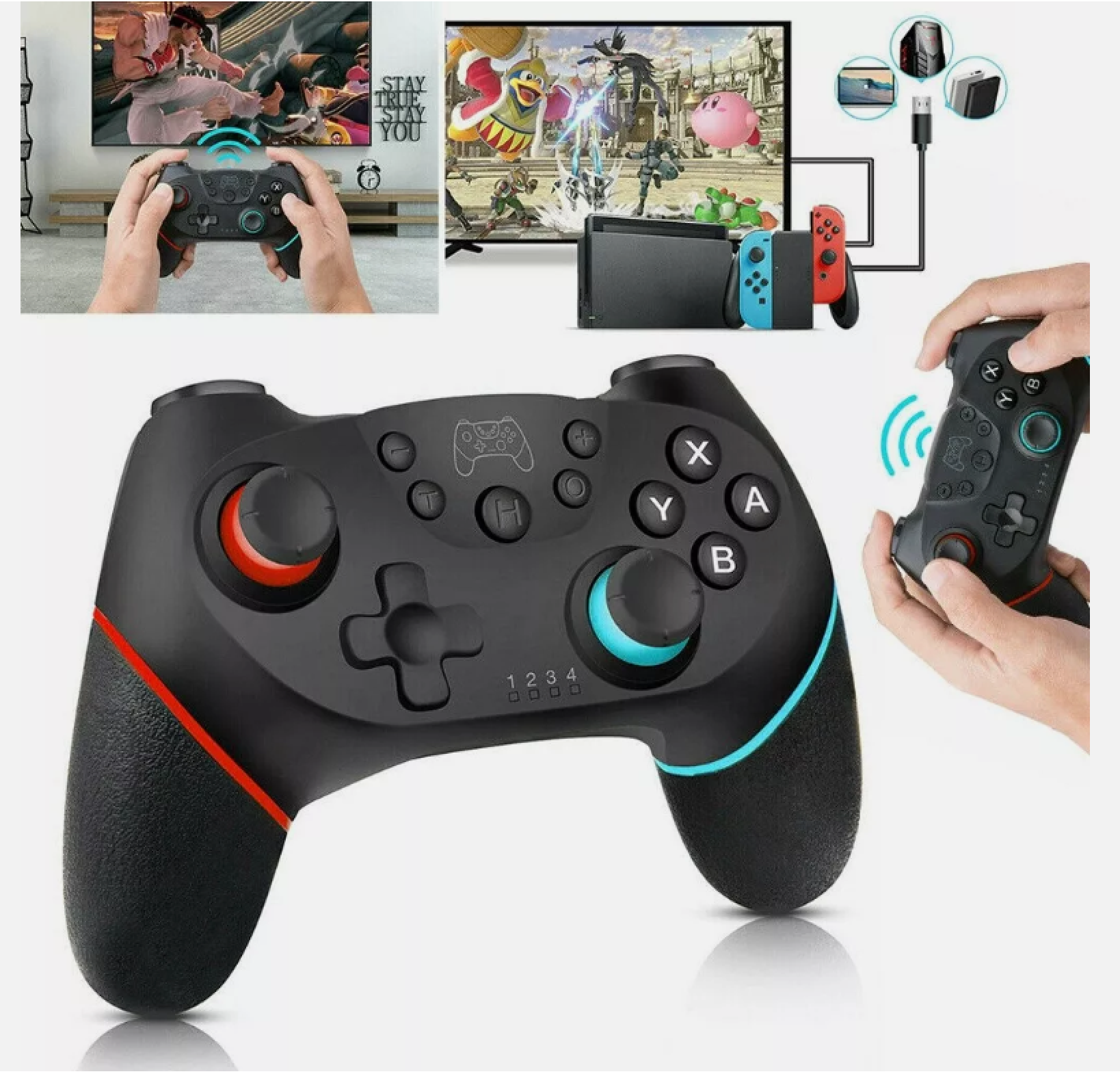 Ein schwarzer kabelloser Gaming-Controller mit farbigen Akzenten und Tasten, gezeigt mit Beispielen.