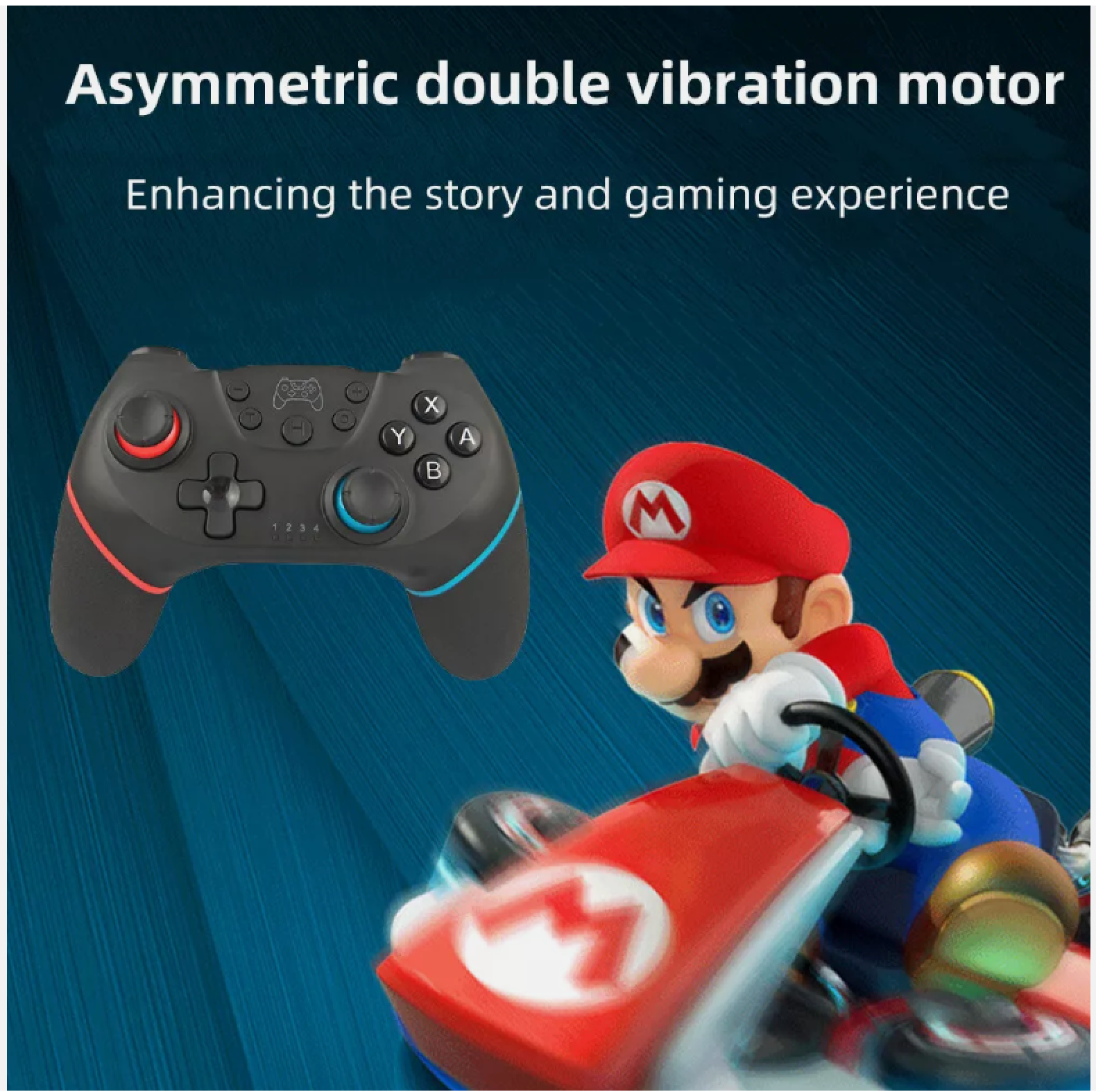 Ein schwarzer Gamecontroller und Super Mario in einem Go-Kart vor blauem Hintergrund.