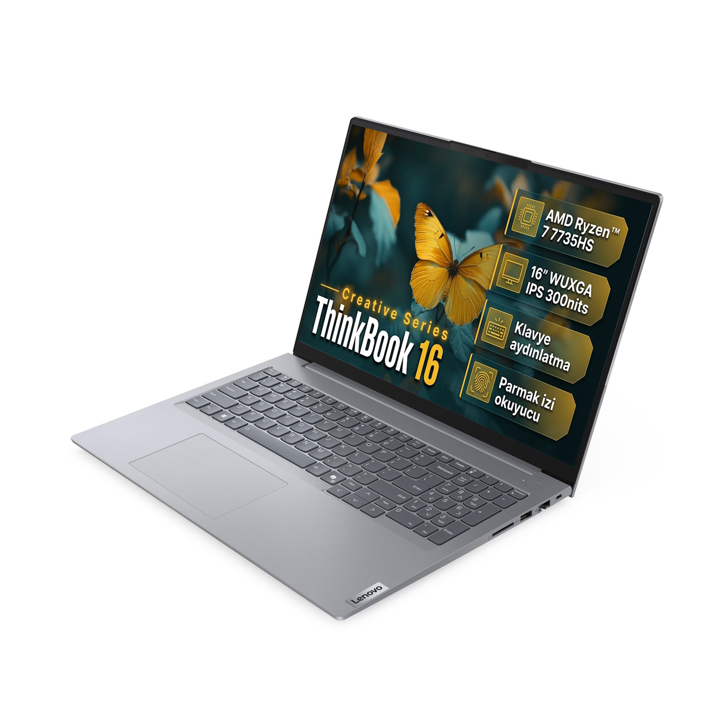 Beyaz arka plan üzerinde ekranda tanıtım metni olan gri bir Lenovo ThinkBook 16 dizüstü bilgisayar.