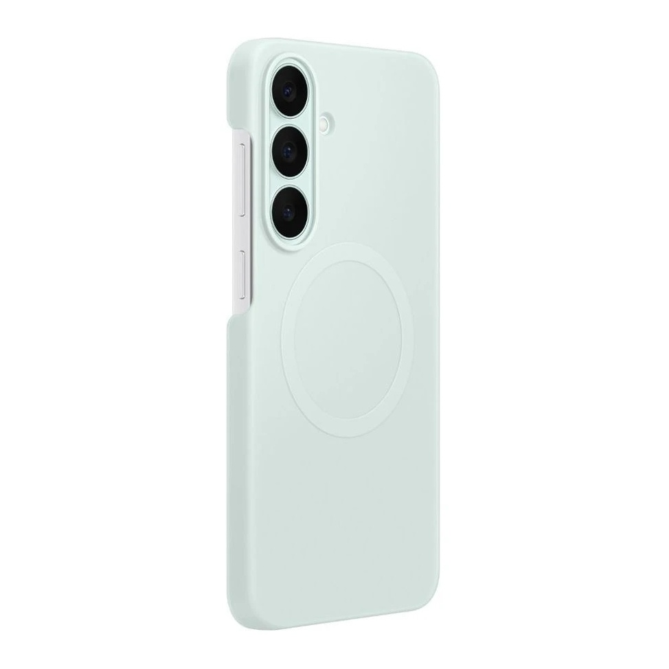 Una custodia per telefono verde chiaro con tre aperture per fotocamera e un anello circolare.