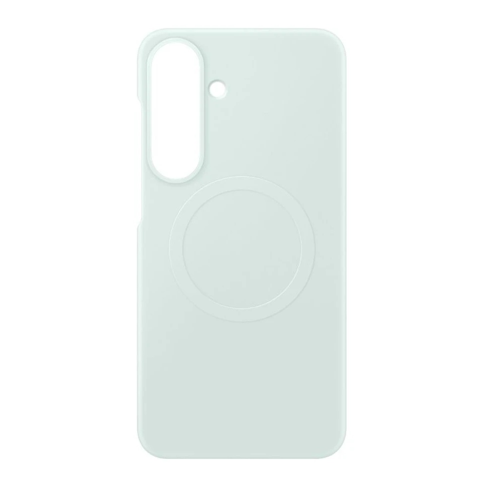 Custodia per telefono verde chiaro con magnete circolare integrato e ritagli verticali per la fotocamera.