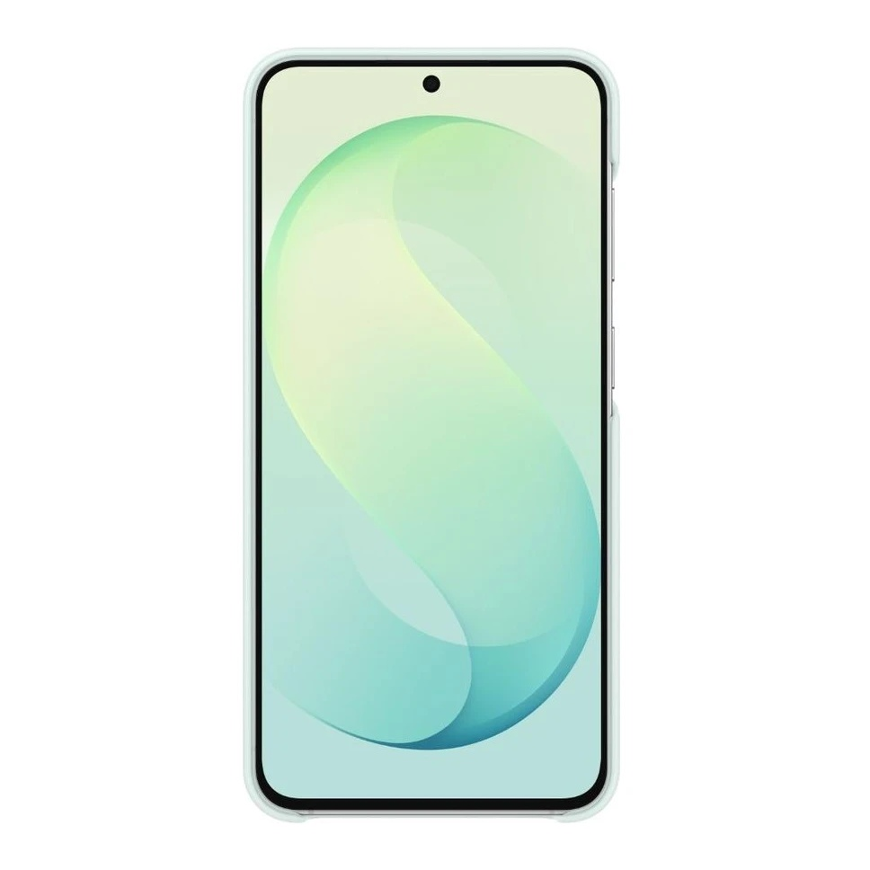 Uno smartphone che mostra uno sfondo astratto verde chiaro sullo schermo.