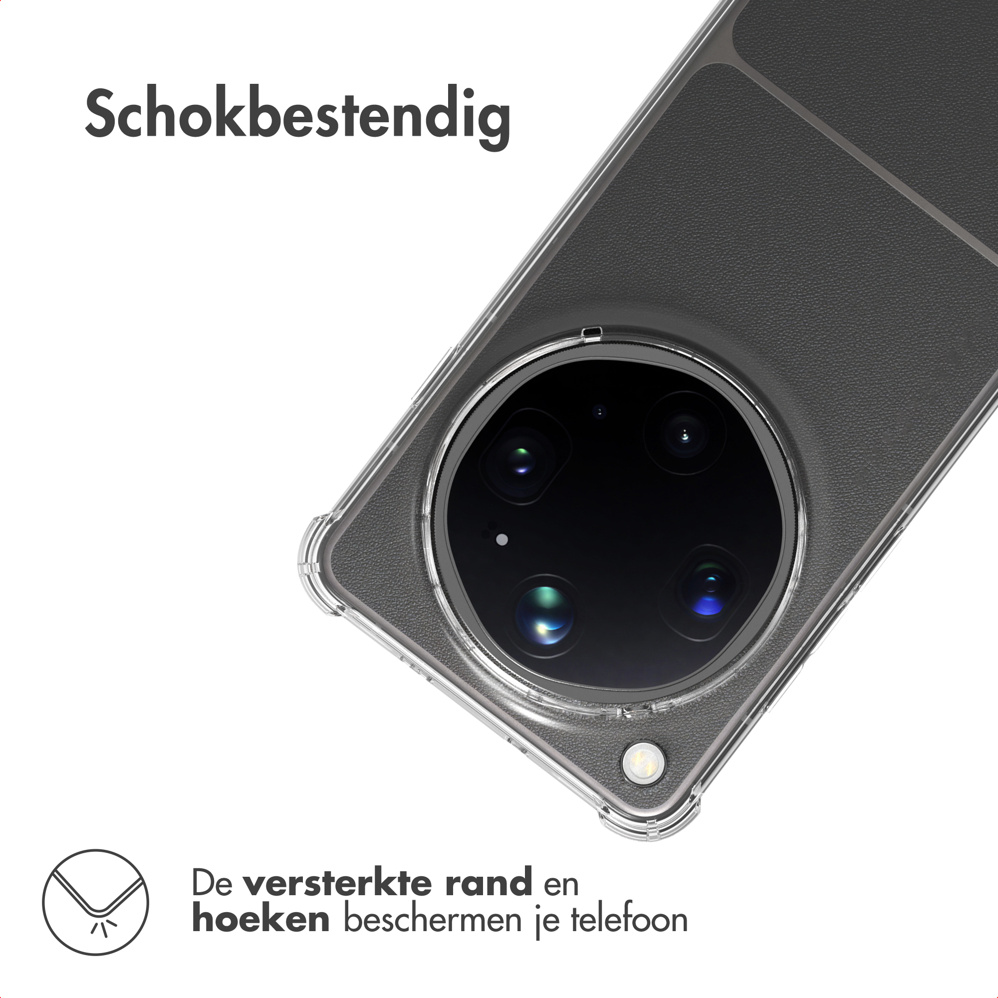 Een smartphone in een heldere beschermhoes met een grote ronde cameramodule.