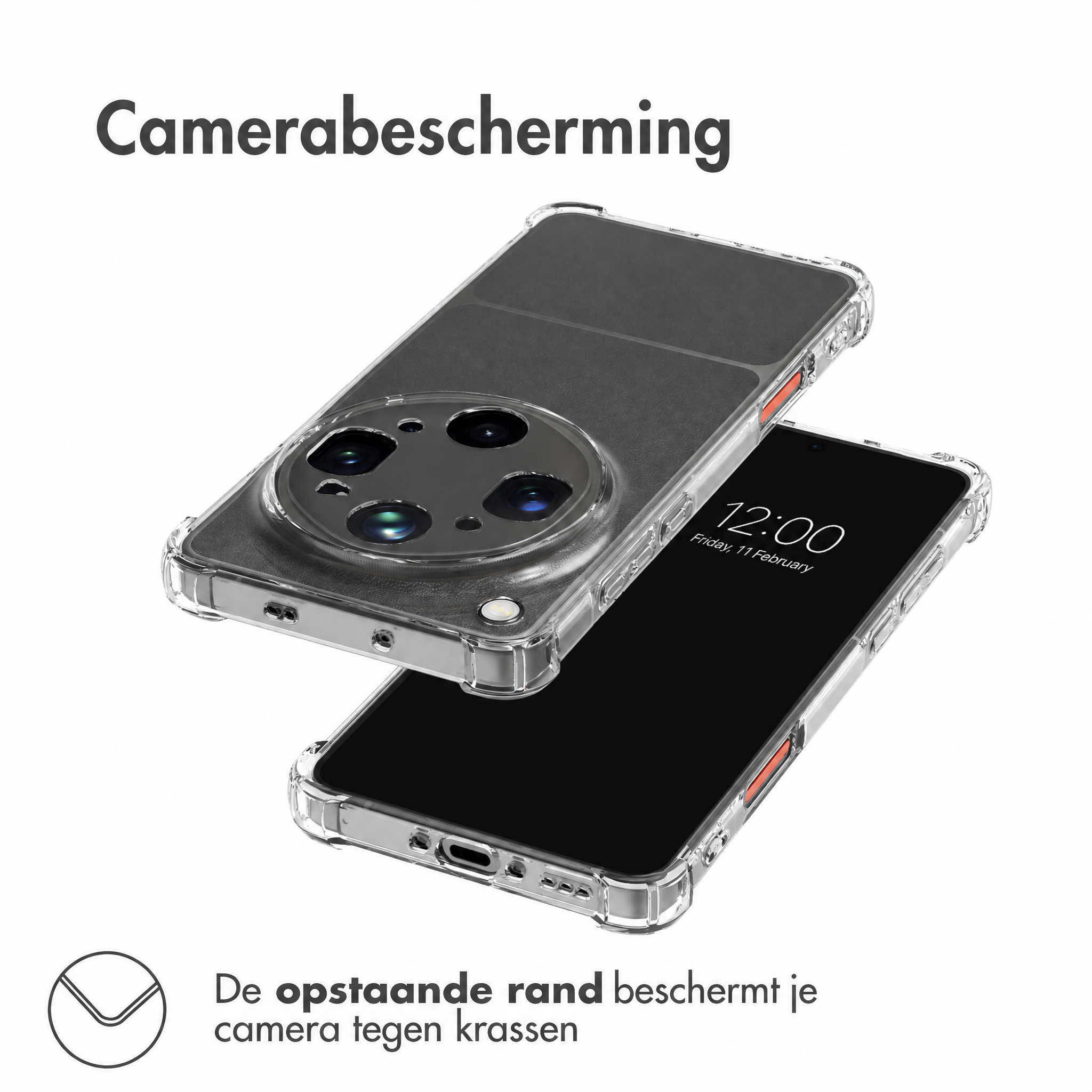 Twee weergaven van een smartphone in een doorzichtige hoes met grote ronde cameramodule en tekst.