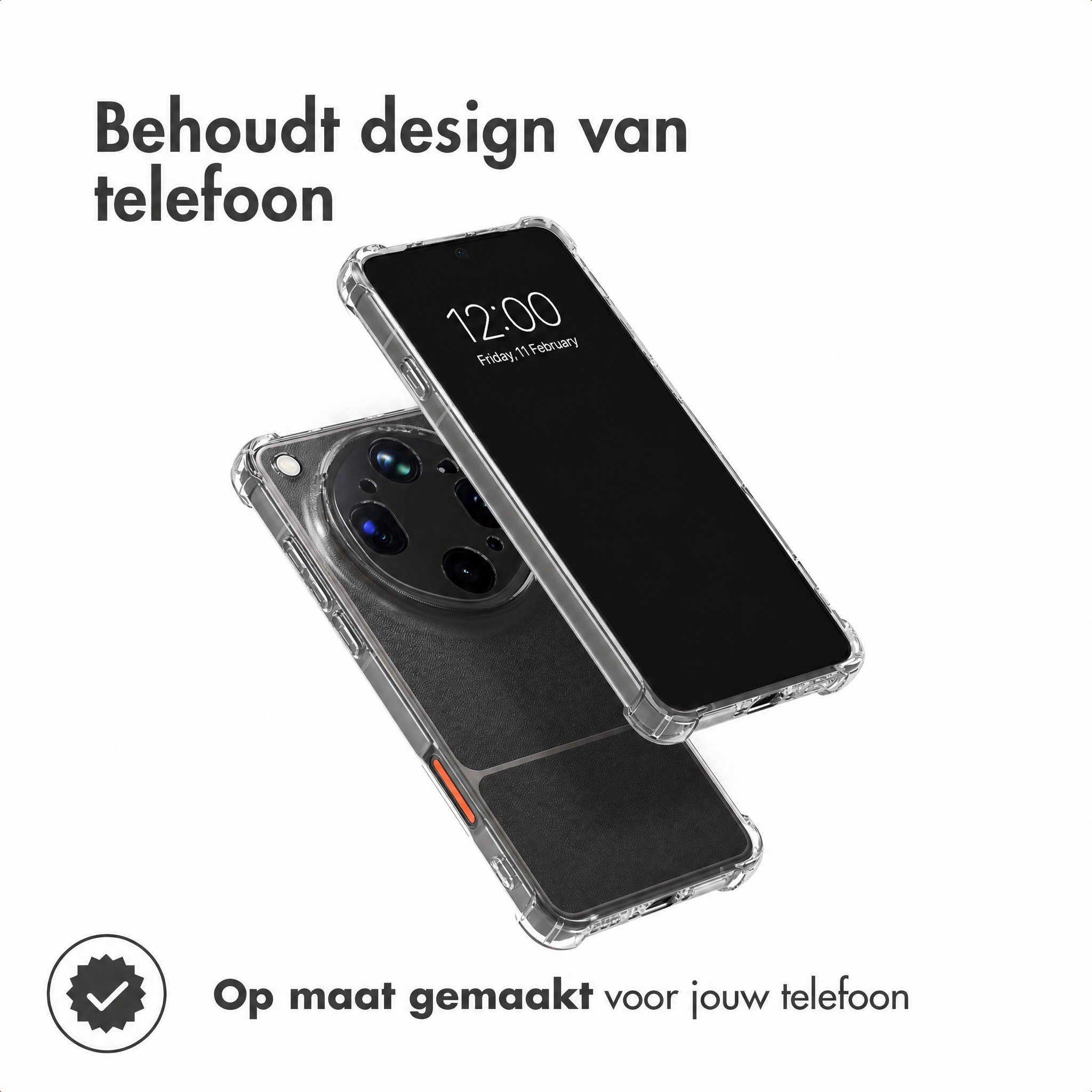 Twee weergaven van een smartphone in een transparant hoesje met een ronde camera aan de achterkant.
