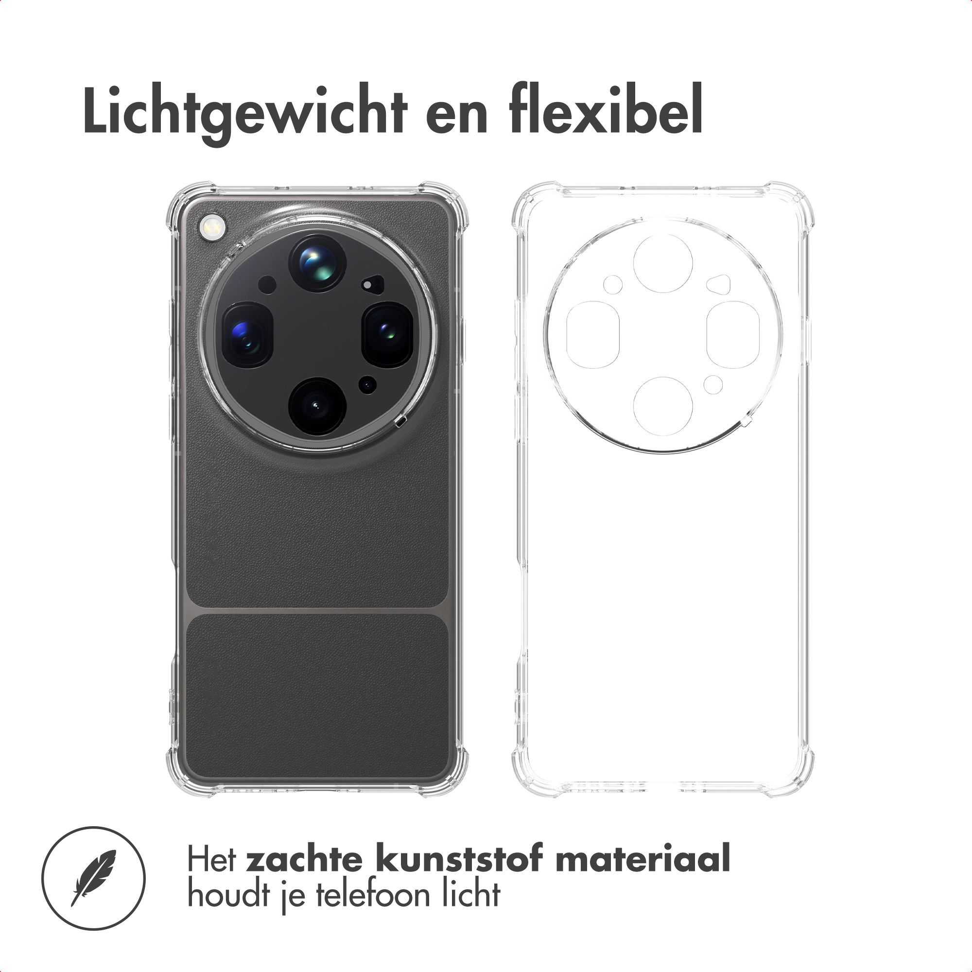 Twee weergaven van een transparant telefoonhoesje met verstevigde hoeken en ronde camera-uitsparing op wit.