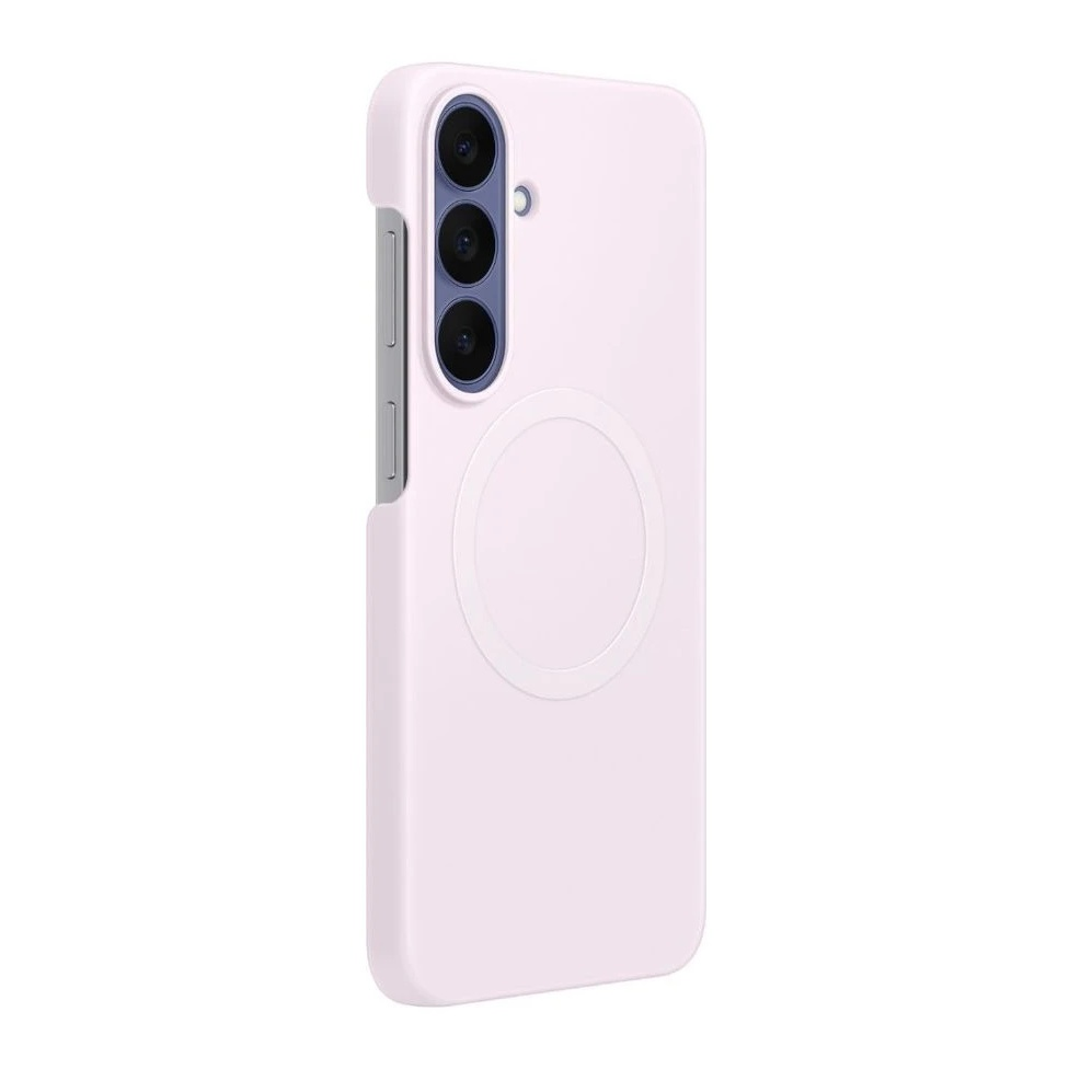 Una custodia per smartphone rosa chiaro con tre aperture per fotocamera sul retro.