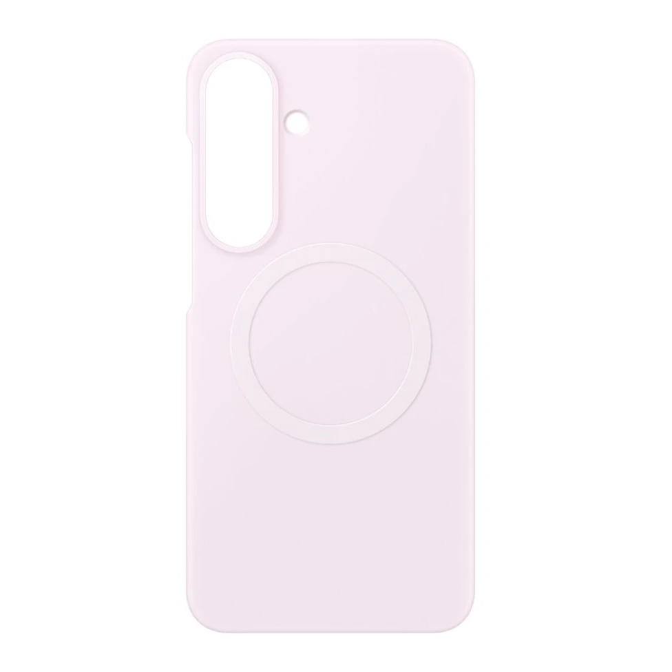 Una custodia per telefono rosa chiaro con ritaglio per fotocamera e anello magnetico.