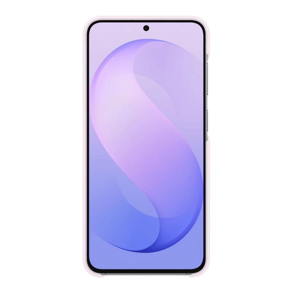 Uno smartphone con grafica astratta viola chiaro e blu sullo schermo, all'interno di una custodia chiara.