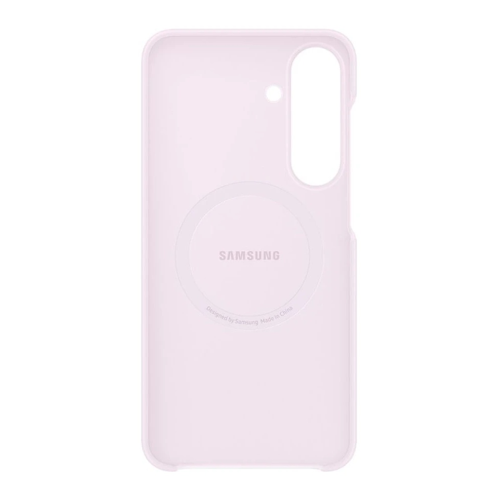 Una custodia per telefono Samsung rosa chiaro con anello MagSafe e foro per fotocamera su sfondo bianco.
