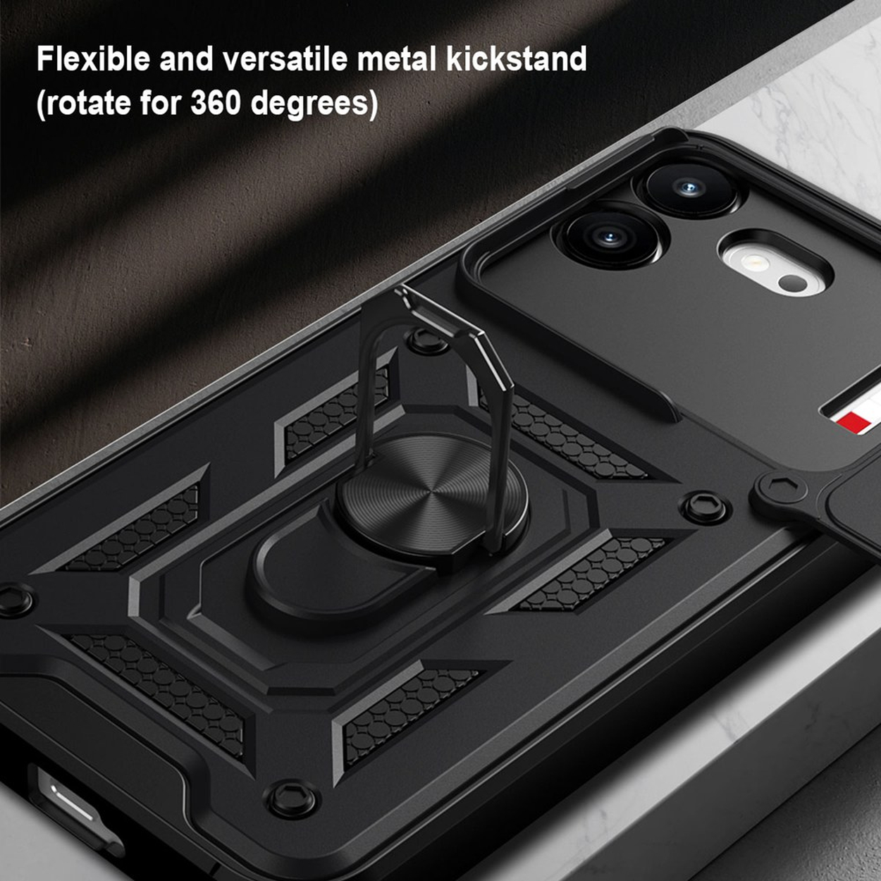 Een zwart, robuust telefoonhoesje met een roterende metalen standaardring op de achterkant.