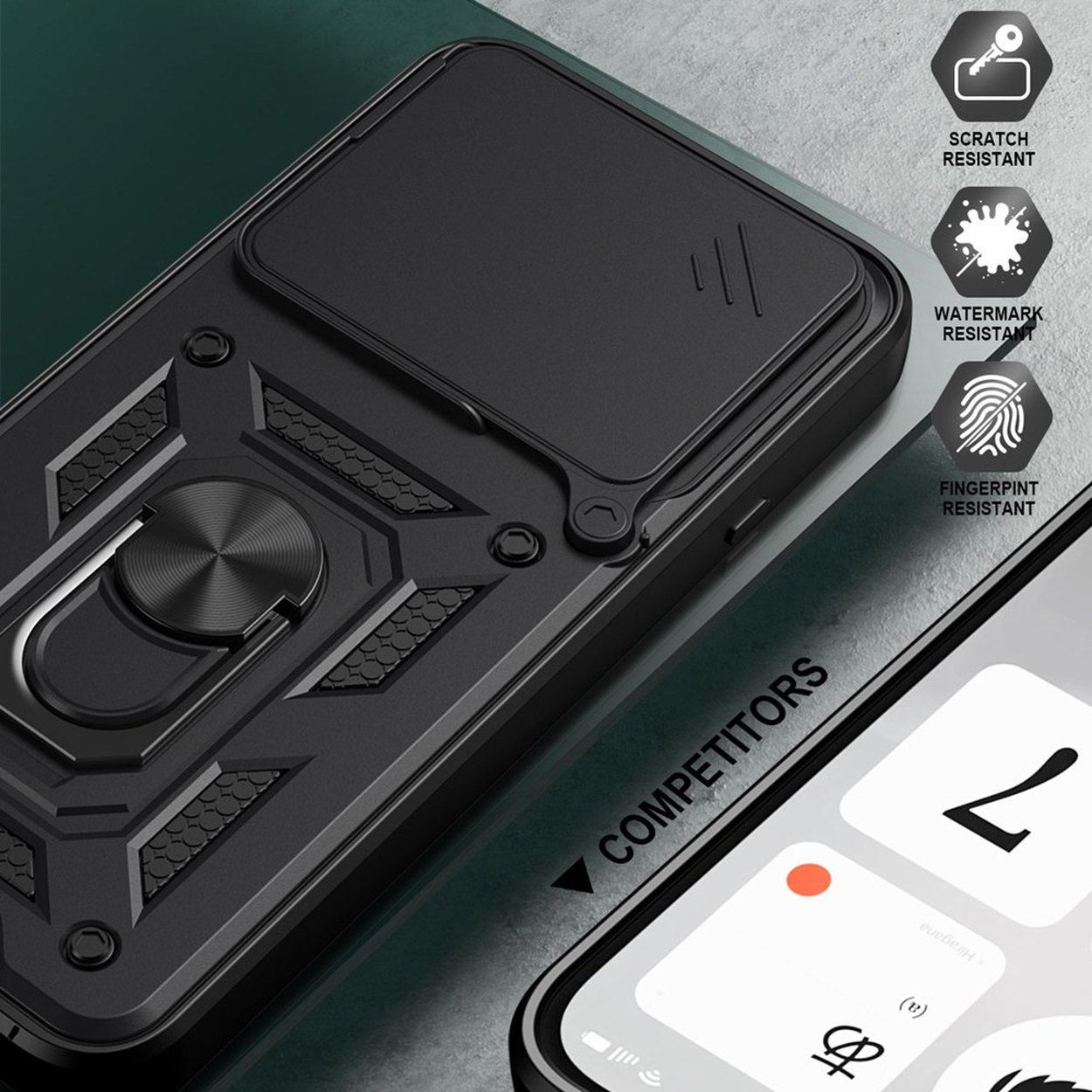 Zwarte beschermende telefoonhoes met cameraschuif en ringhouder.