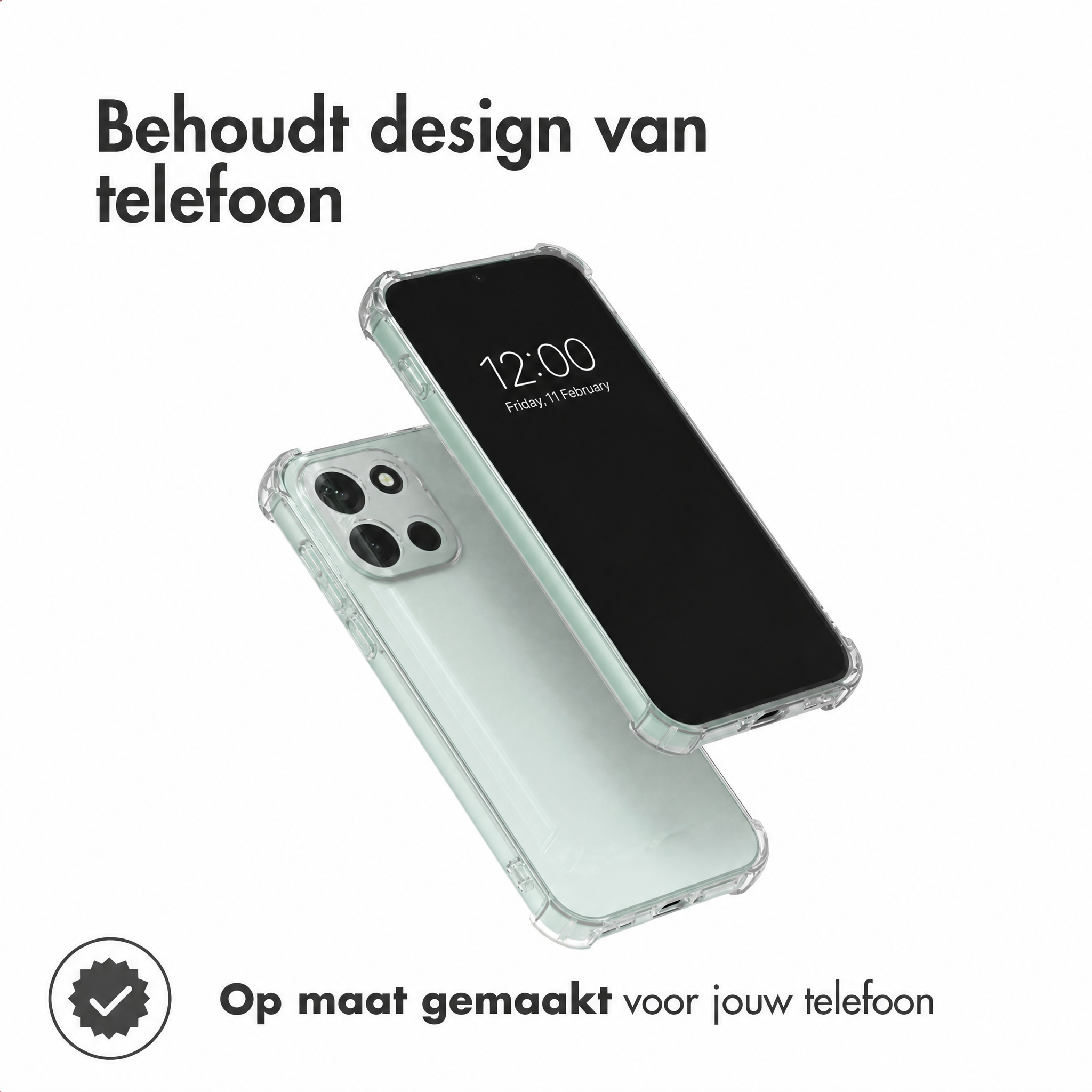 Een smartphone in een transparant hoesje, van voren en achteren getoond, met tekst.