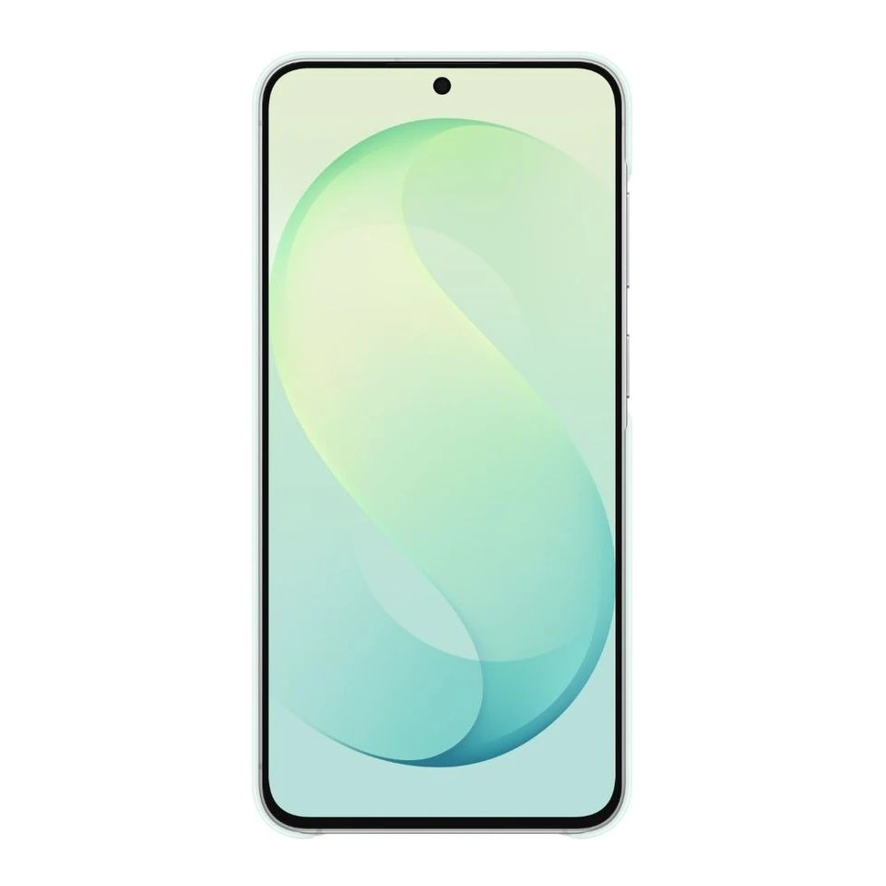 Uno smartphone con custodia bianca mostra uno sfondo astratto curvo verde menta e giallo.