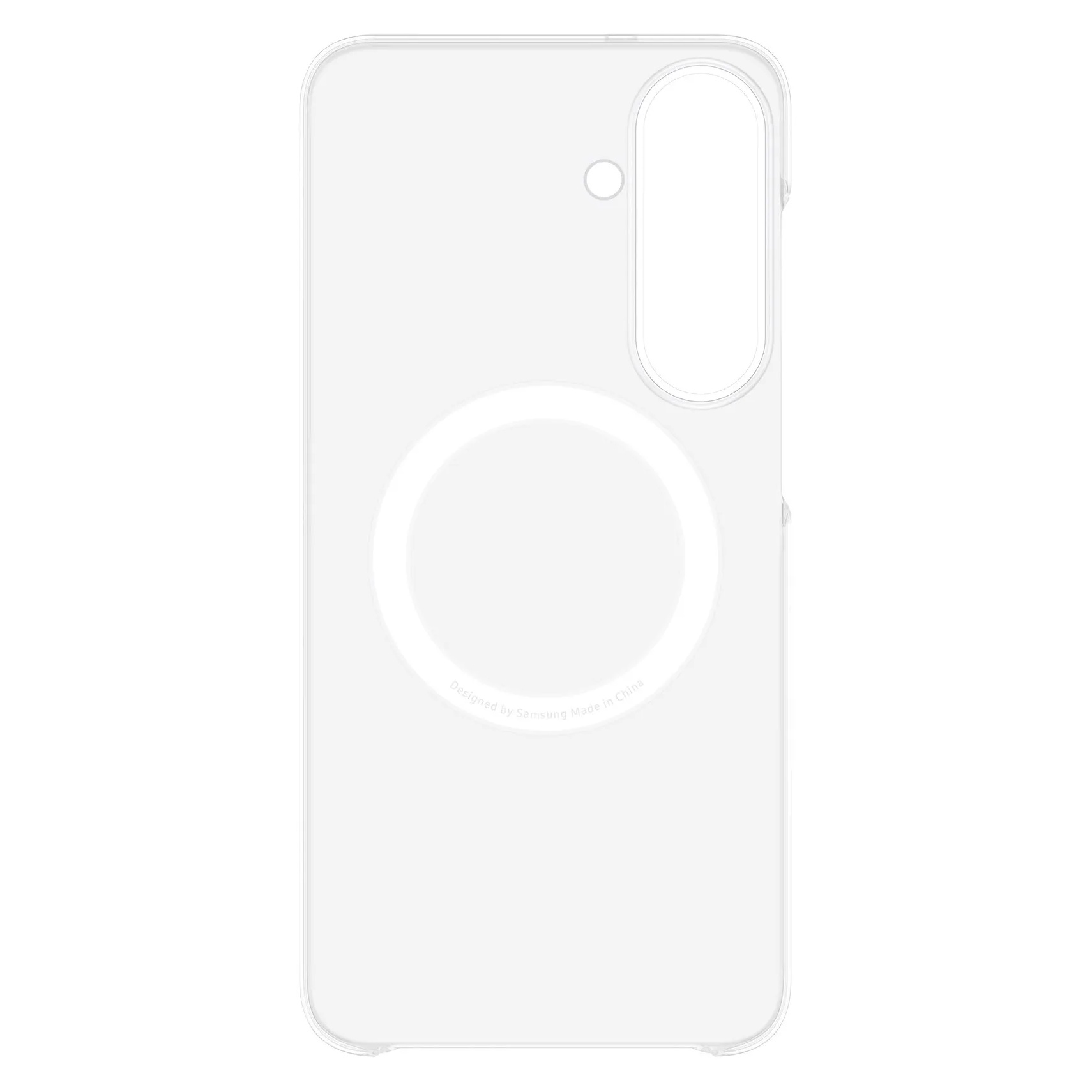Custodia per telefono trasparente con anello MagSafe e ritaglio per fotocamera verticale su sfondo bianco.