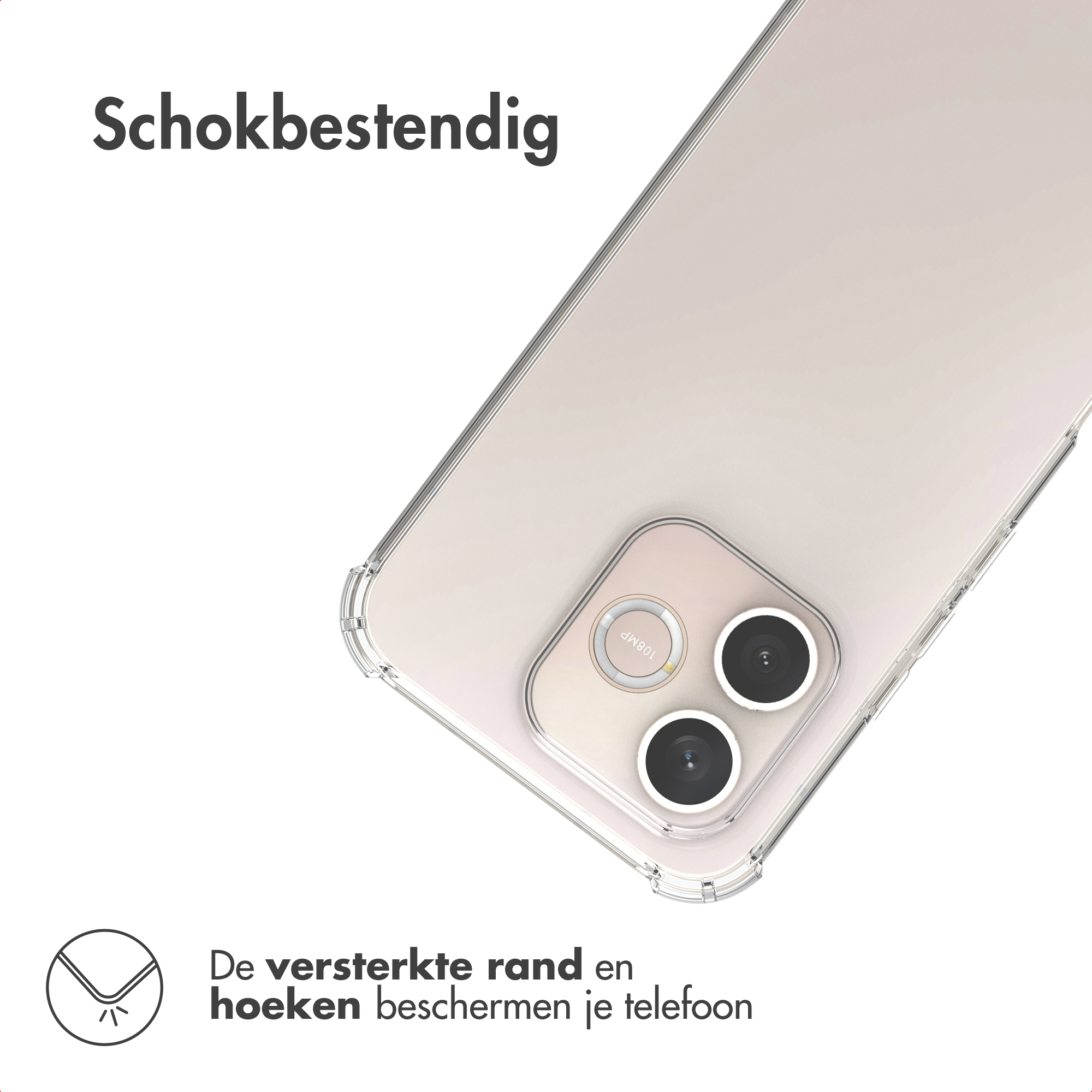 Telefooncamera in doorzichtig hoesje, met tekst over schokbestendigheid.