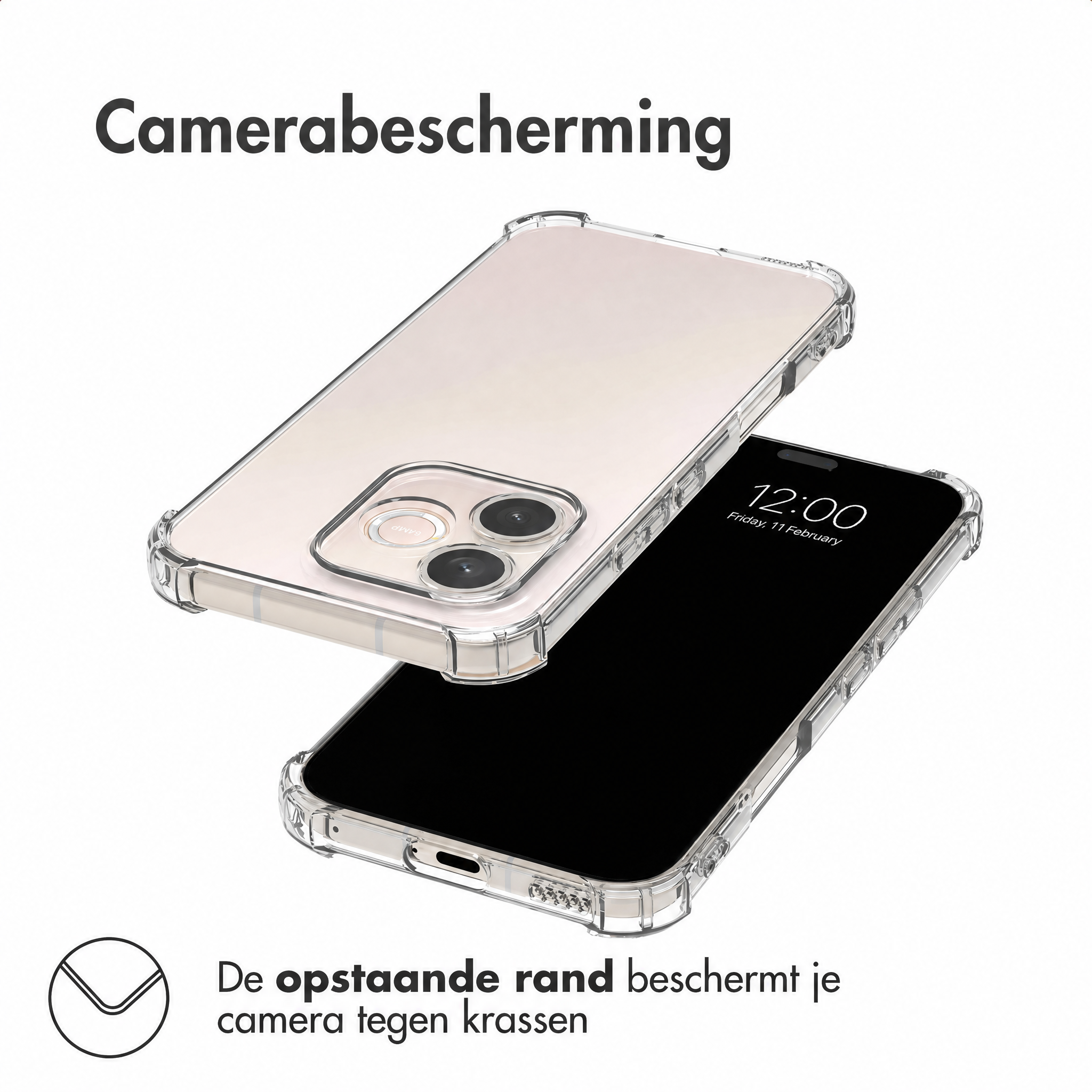 Transparant hoesje met opstaande rand ter bescherming van de camera.