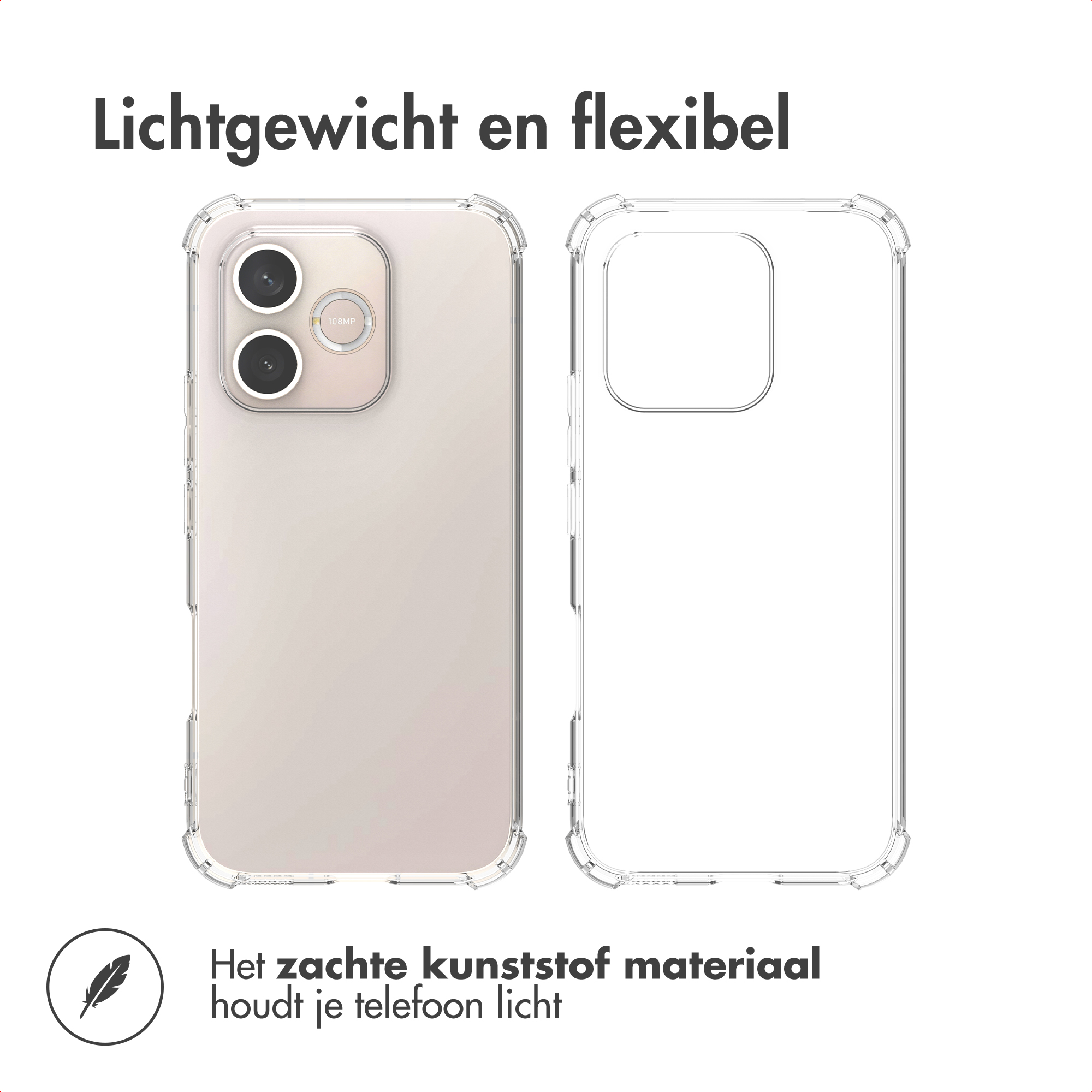 Lichtgewicht en flexibel transparant hoesje met versterkte hoeken en Nederlandse tekst.