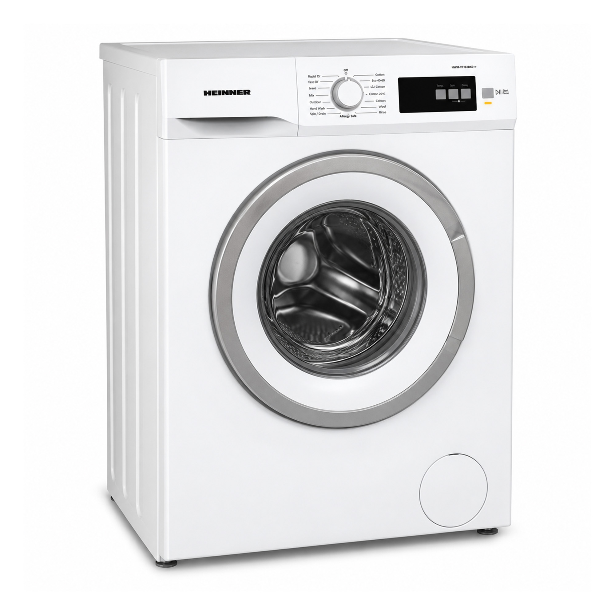 A white Heinner washing machine with a silver-rimmed door, control dial, and digital display against a white background.