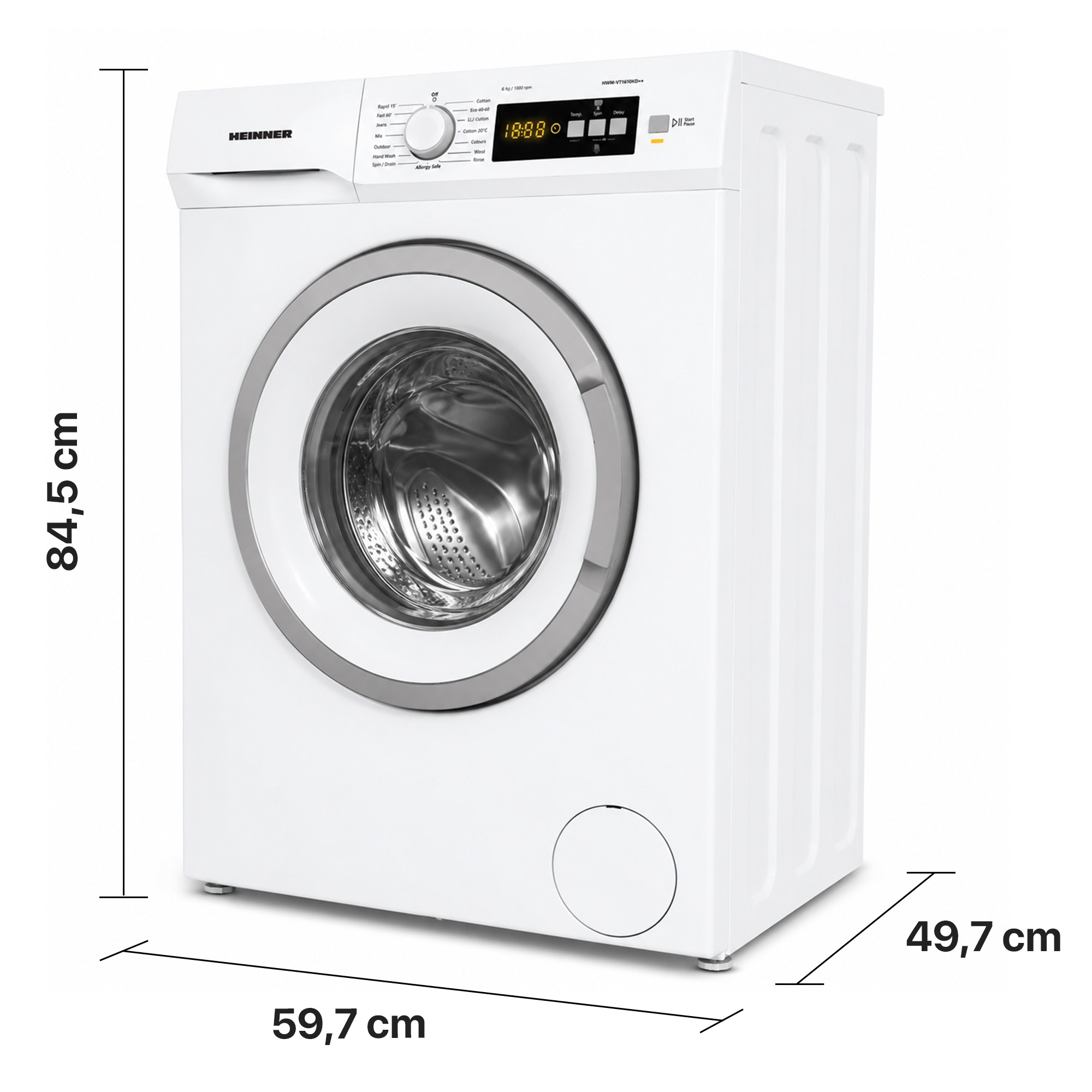 White Heinner washing machine with dimensions 84.5x59.7x49.7 cm indicated with lines.