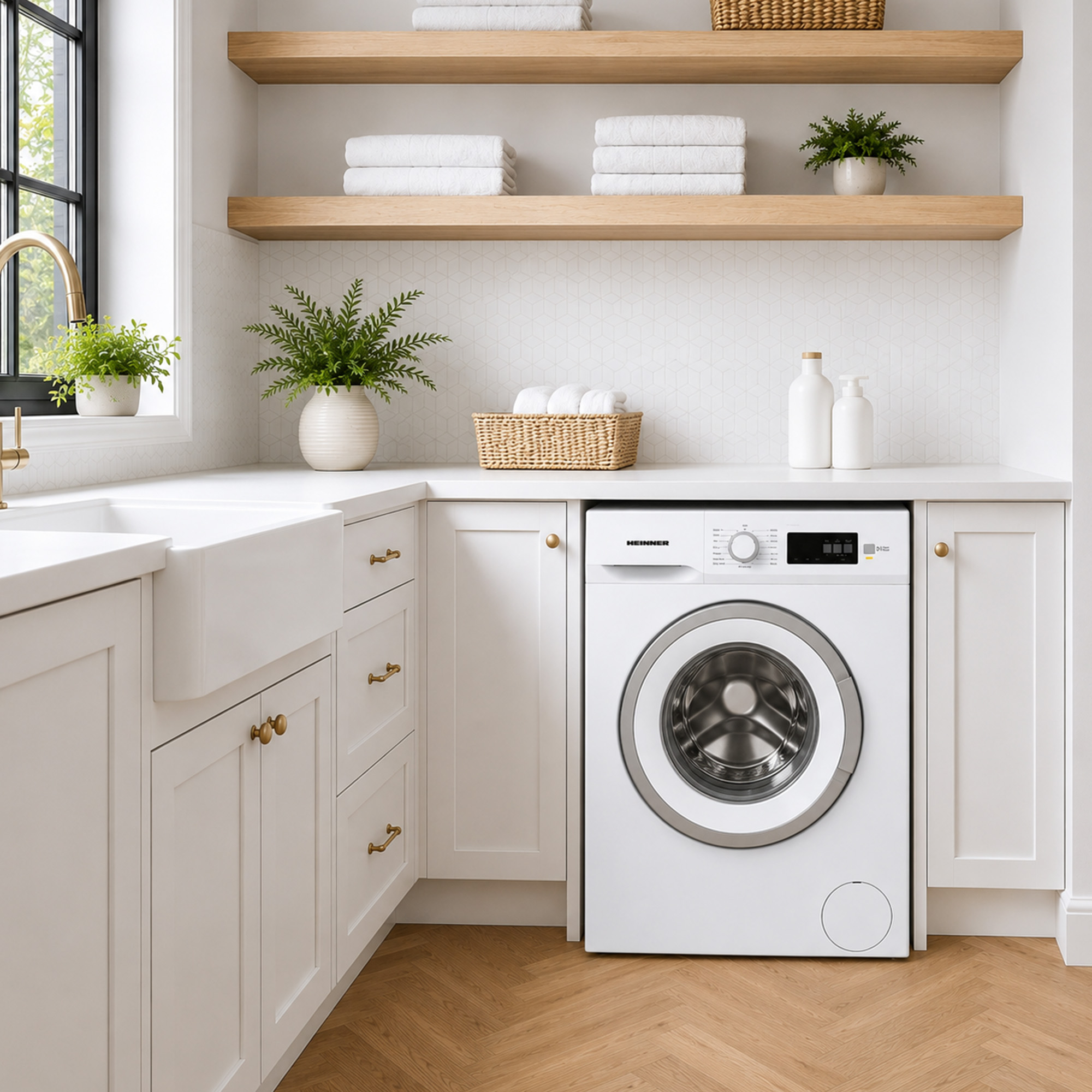 Modern white laundry room with wood floors, shelving, and plants.