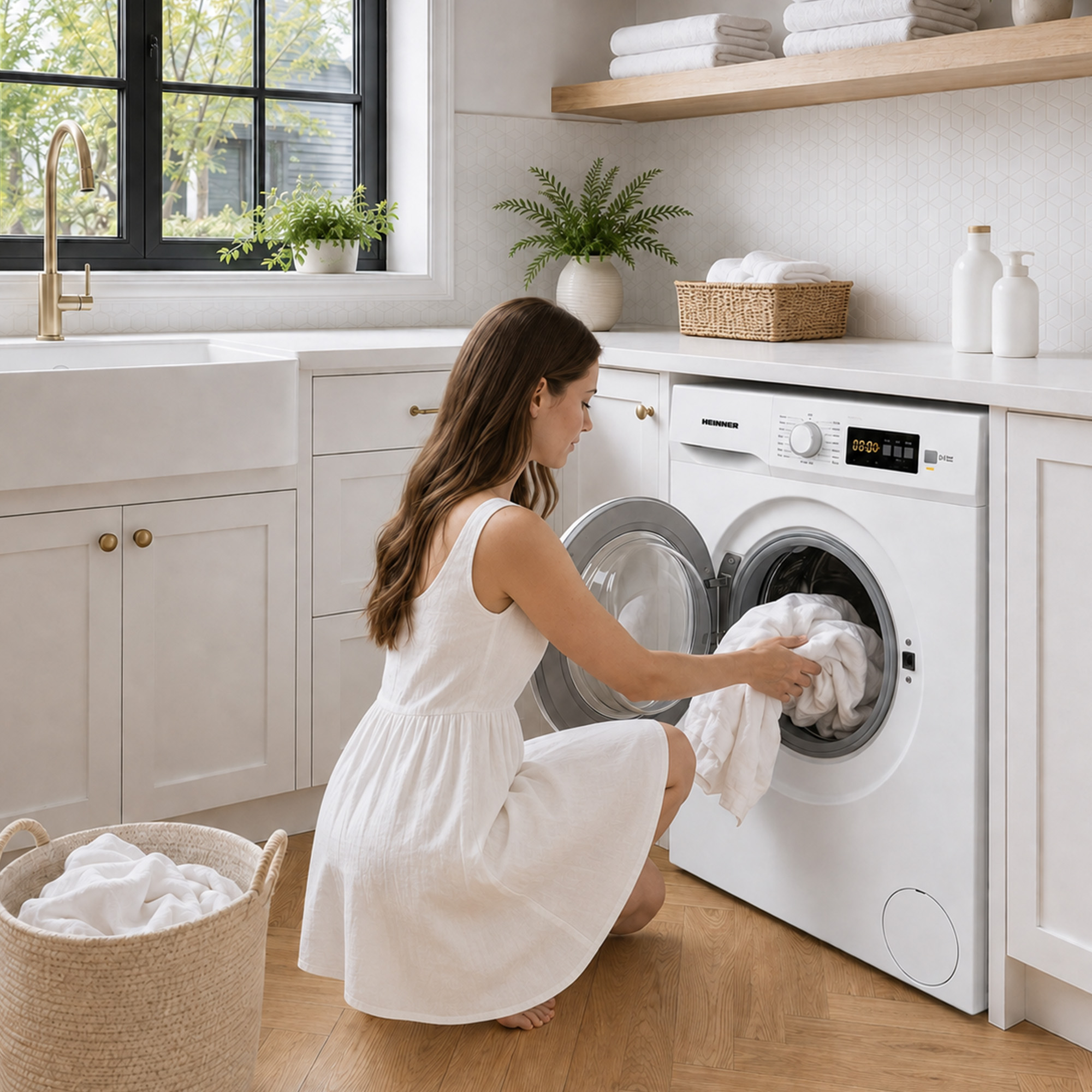 A woman in a white dress kneels in a kitchen, loading white laundry into a washing machine.