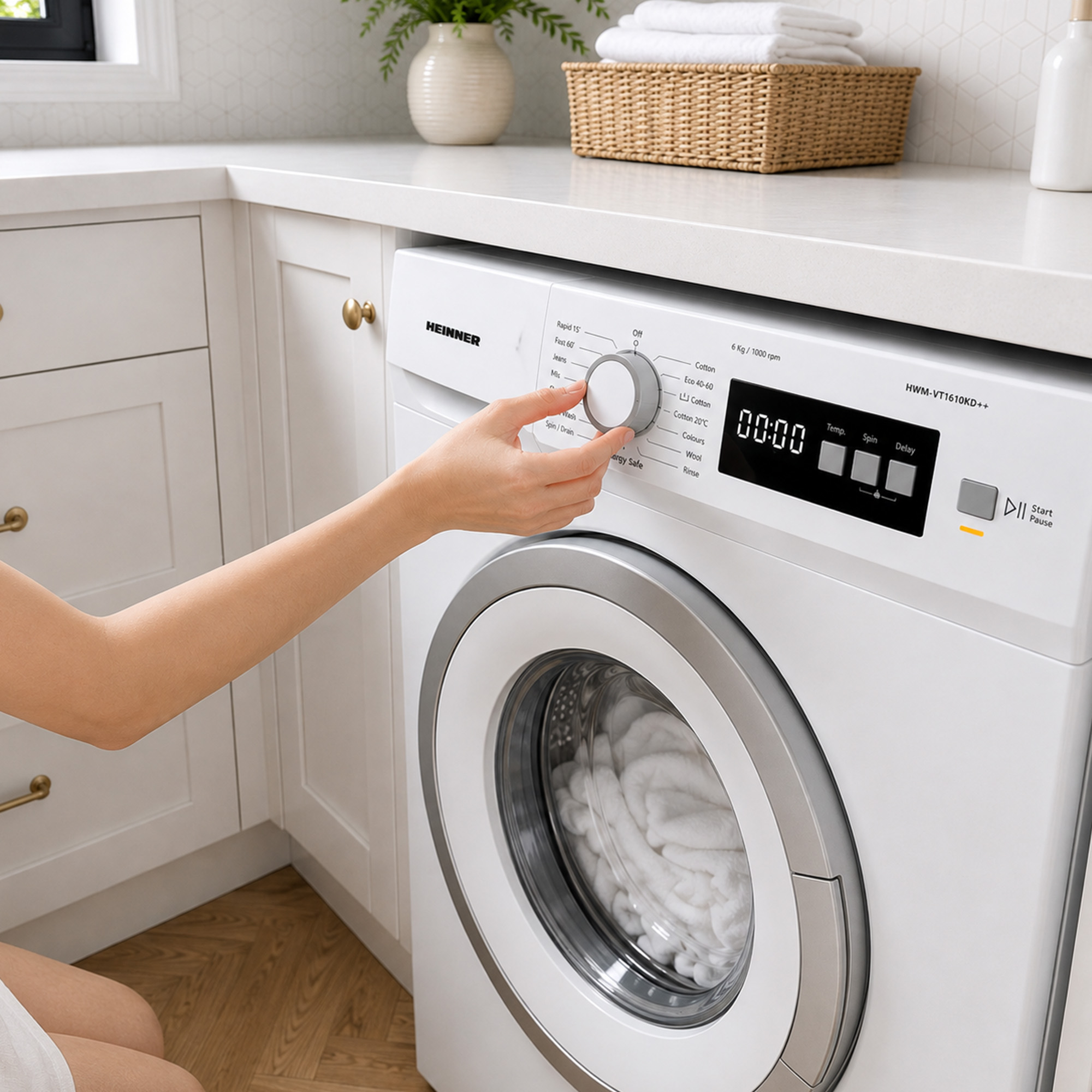 A hand turns the program dial on a white washing machine in a kitchen.