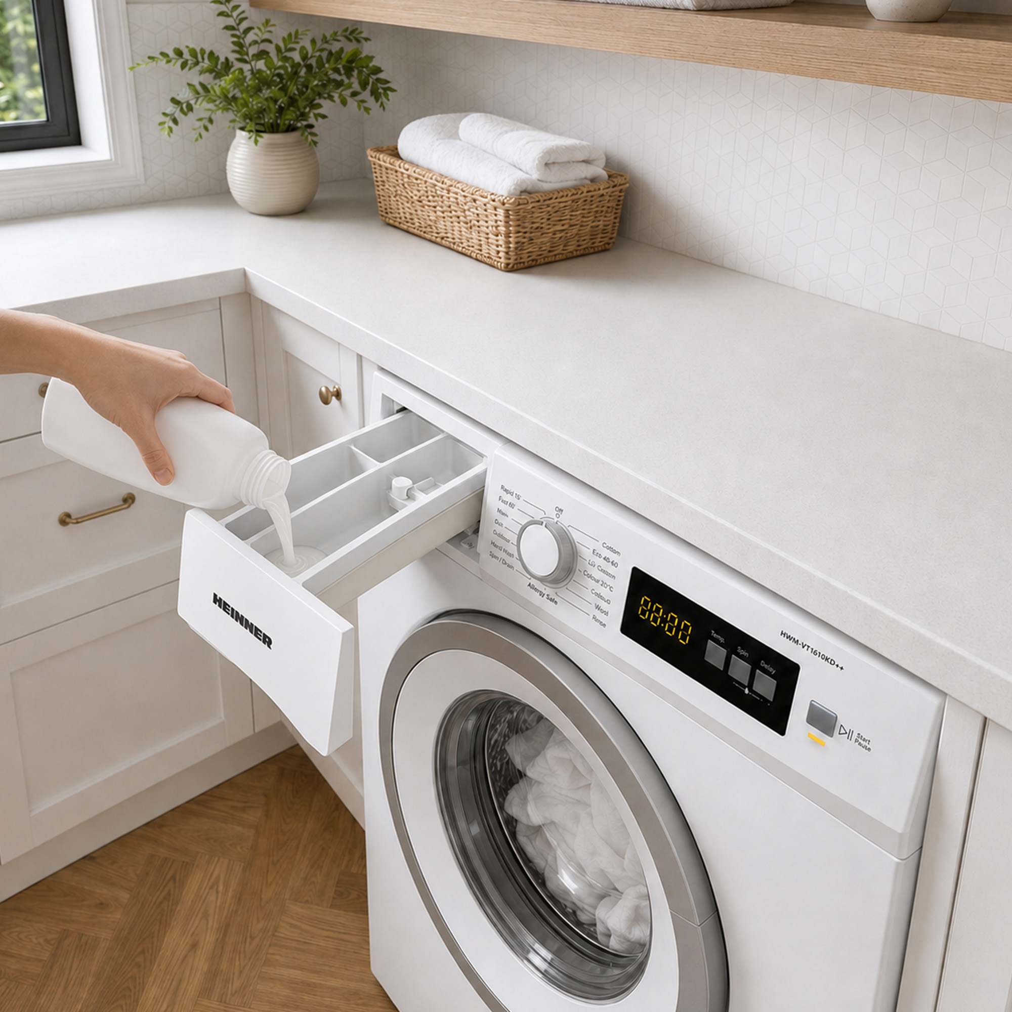 A hand pours liquid detergent into the open drawer of a white washing machine.