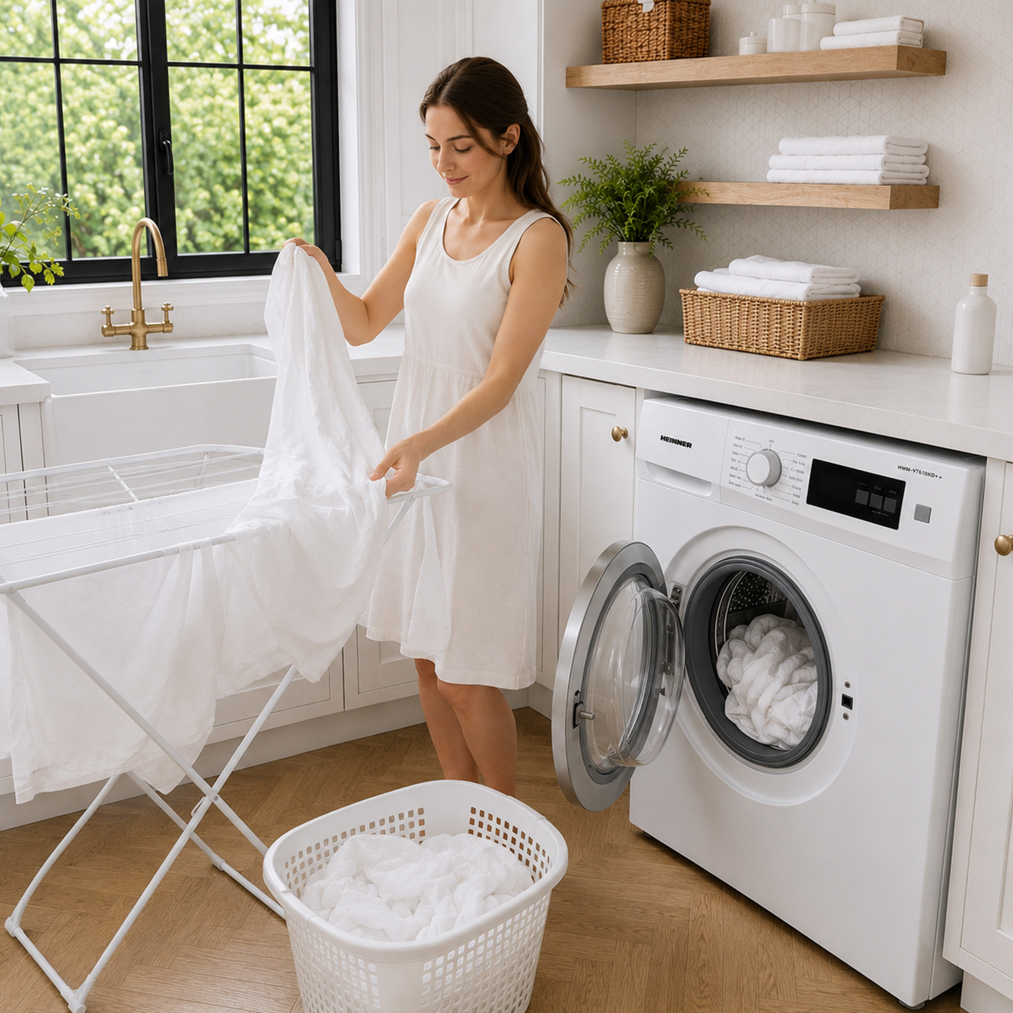 A woman in white hangs laundry on a rack in a modern kitchen with a washing machine.