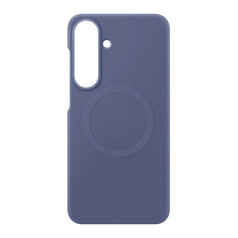 Custodia per telefono blu con ritaglio per fotocamera e anello magnetico circolare sul retro.