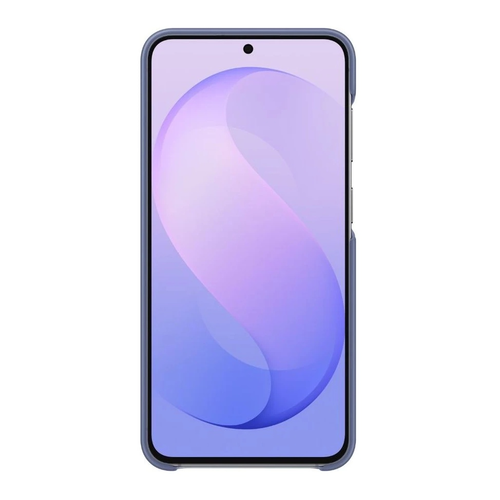 Uno smartphone in una custodia viola mostra uno sfondo astratto viola.