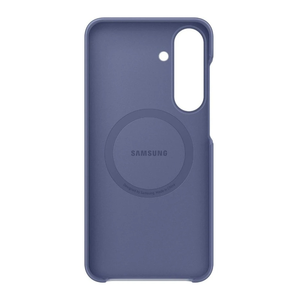 Custodia per telefono Samsung viola con un segno circolare sul retro e ritagli verticali per la fotocamera.